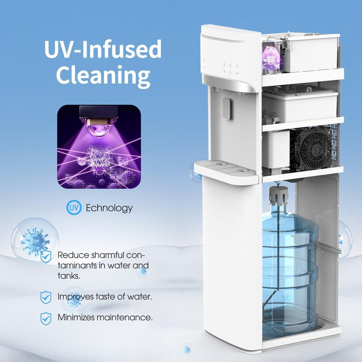 IKT Self-Cleaning Hot Cold and Room Water Cooler Dispenser and Maker Bottom Loading for 5 Gallon Bottle with Energy Saving Mode 22lbs Within 24hrs White