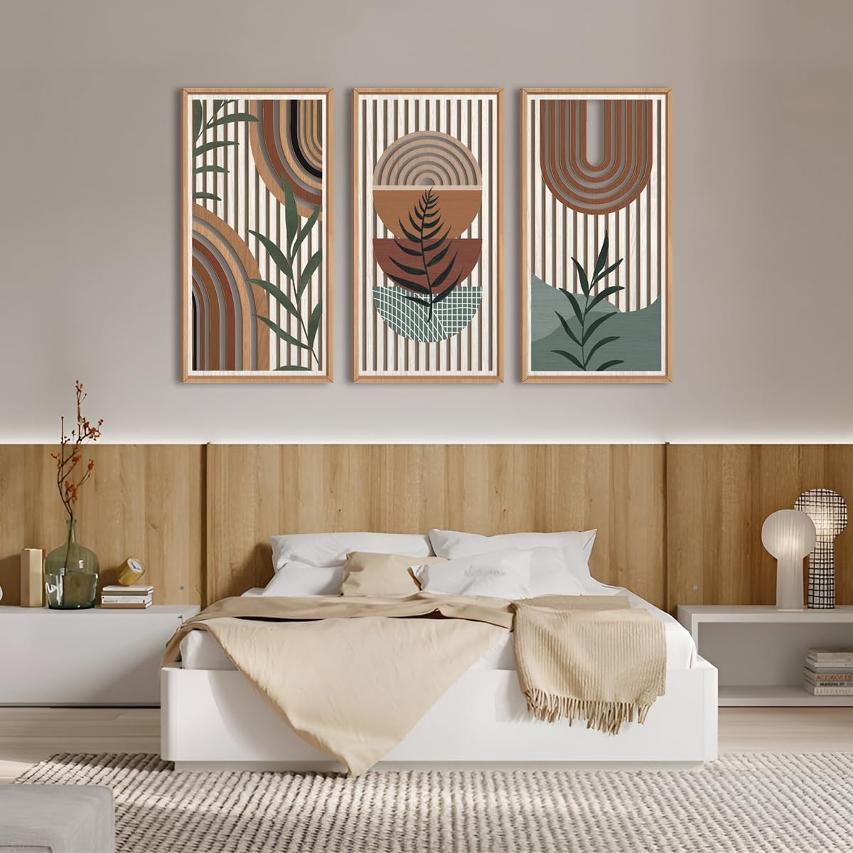 IARTTOP Large Boho Wall Art Set Of 3 Framed Mid Century Modern Wall Decor Abstract Geometric Wood Wall Art For Bedroom Living Room Office 16"x 32"