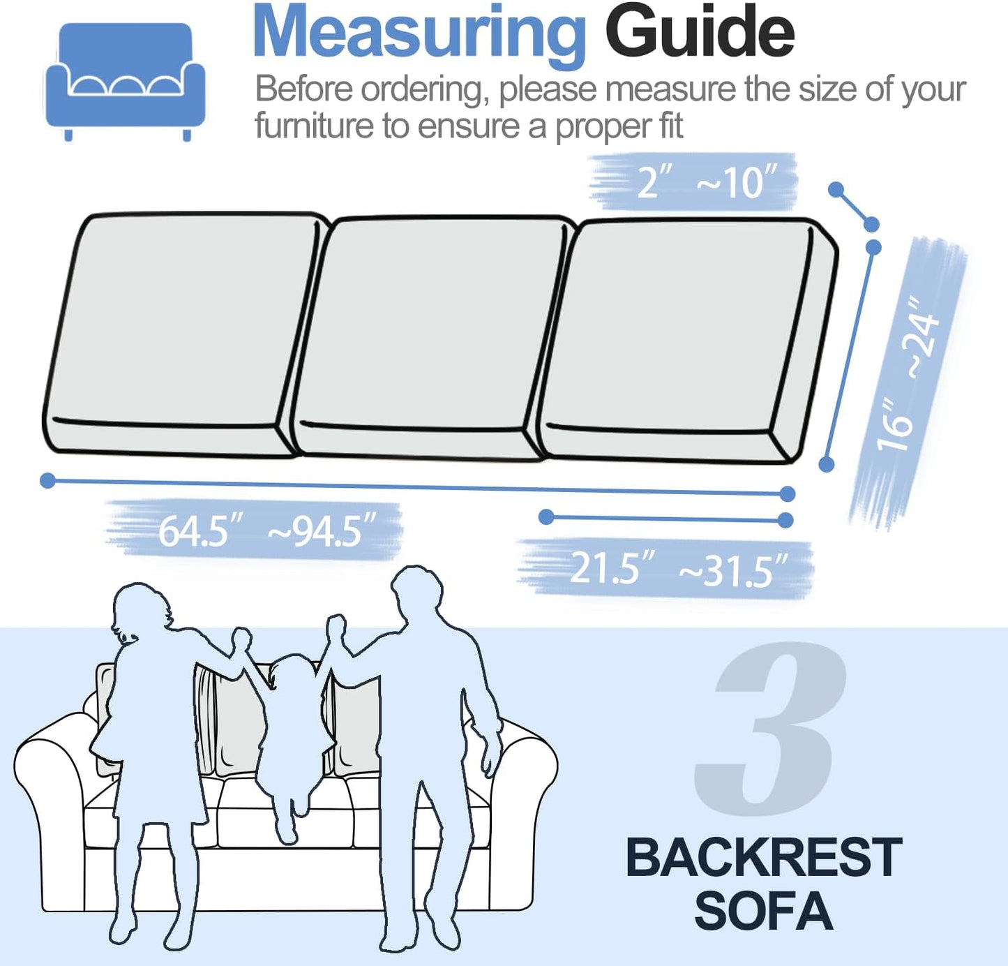 Large Backrest Cushion Covers Super Stretch Backrest Covers for 3 Cushion Couch Sofa, Couch Back Cushion Covers Featuring with Chenille Yarn (Softer Version, 3PC, Light Grey)