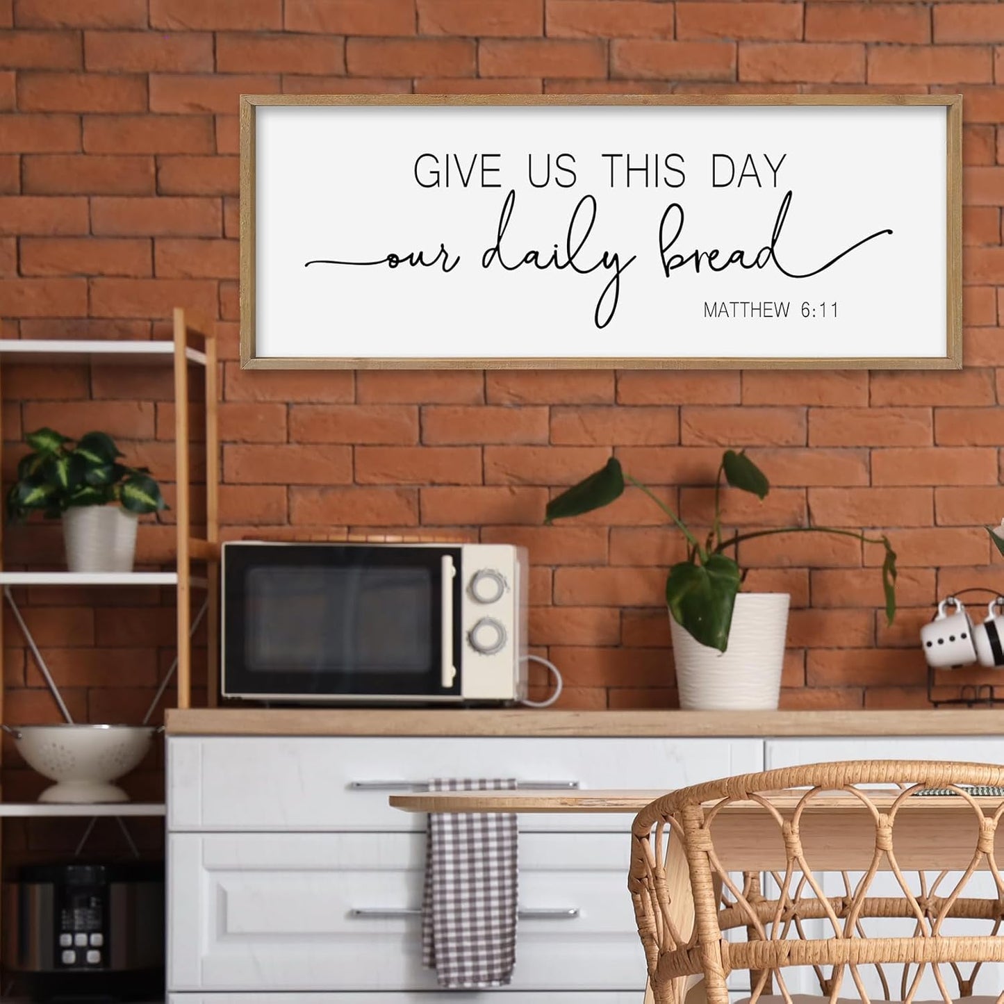 SRSZHIYUE Give Us This Day Our Daily Bread Sign Wall Decor Art 32"×12" Matthew 6:11 Dining Room Kitchen Large Wood Framed Wall Hanging (Wood)