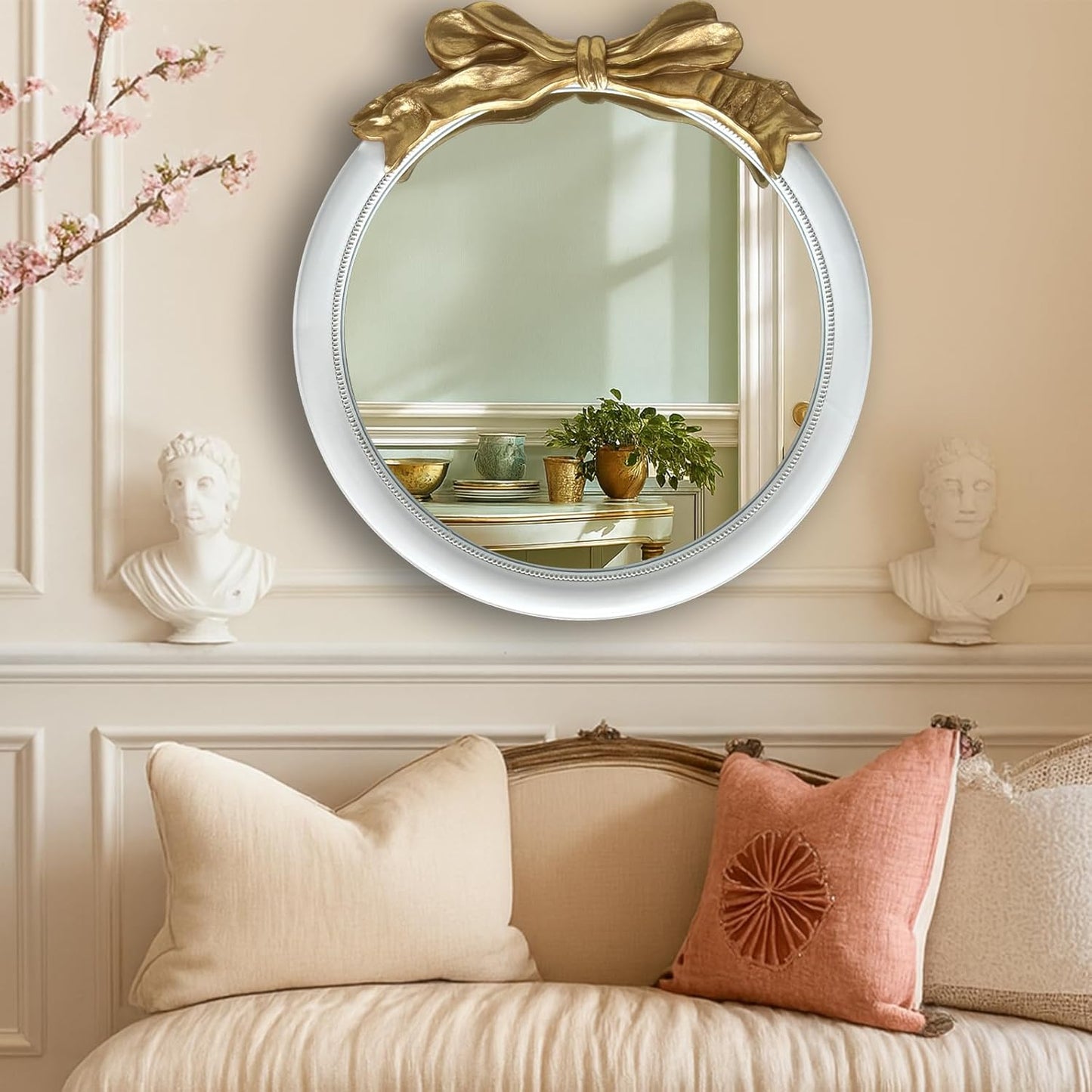 26x26 inch Bow Antique Mirrors for Wall, Round White and Gold Decorative Wall Mounted Mirror, Circle Antique Mirrors Suitable for Bedroom, Hallway, Living Room Decoration, Bathroom Sink
