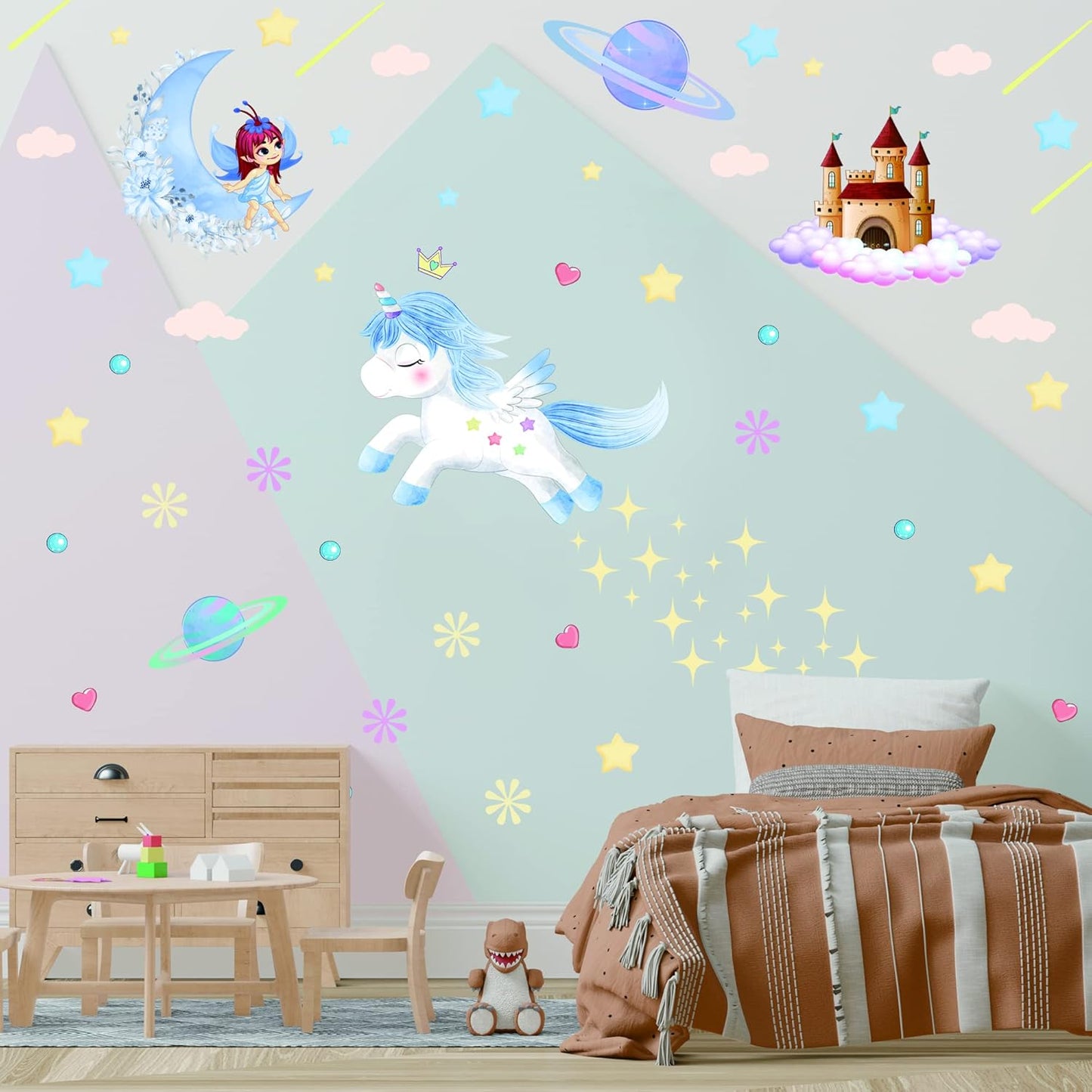Glow in The Dark Fairy Unicorn Wall Decal Sticker, Girl Bedroom Star Rainbow Castle Princess Wallpaper Decoration, Glowing Moon Ceiling Decor