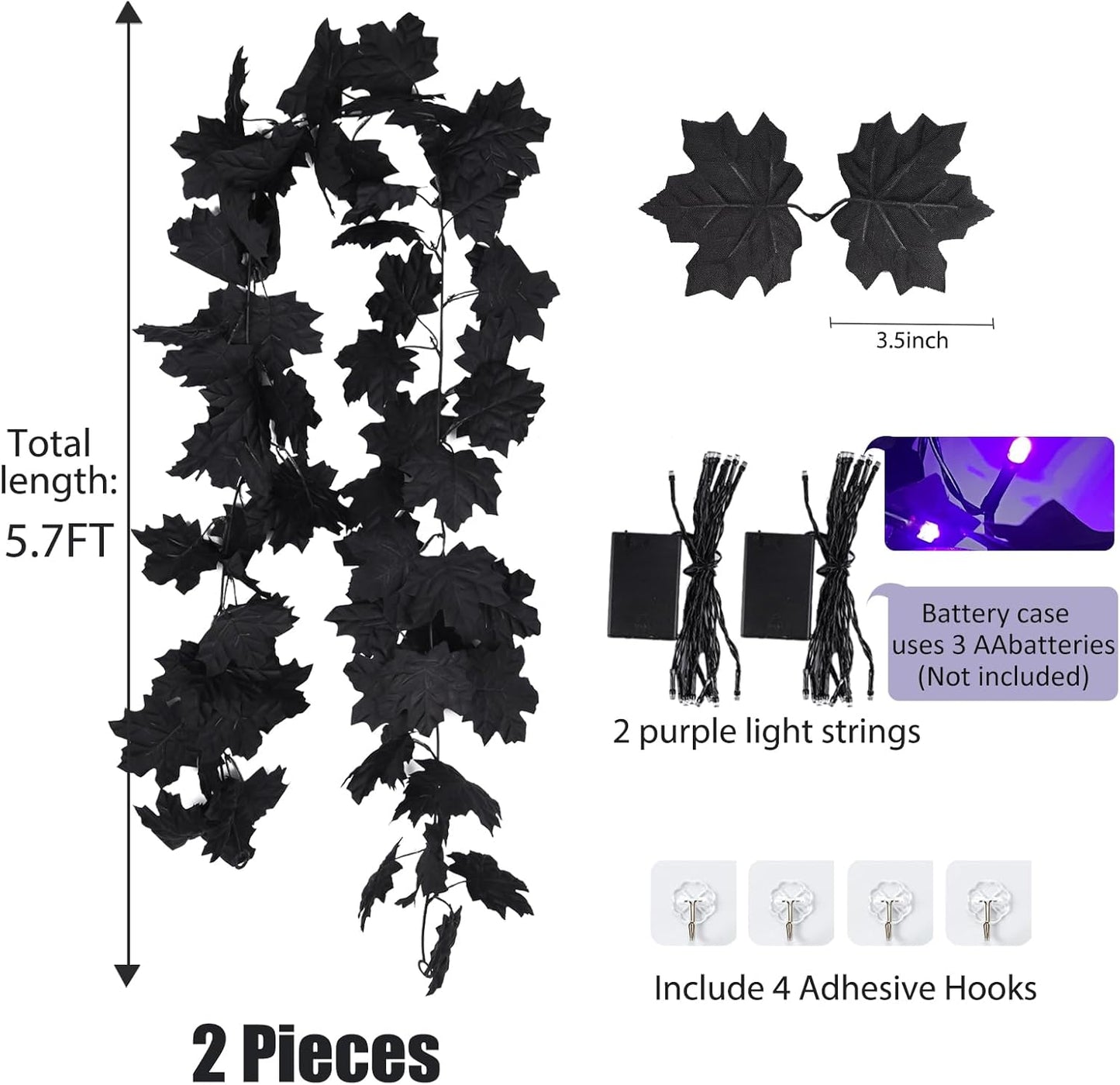 RECUTMS Halloween Maple Leaf Garland with Purple Lights - Black Artificial Leaves Decor for Home Mantle, Stairs, Indoor/Outdoor - 2 Pack