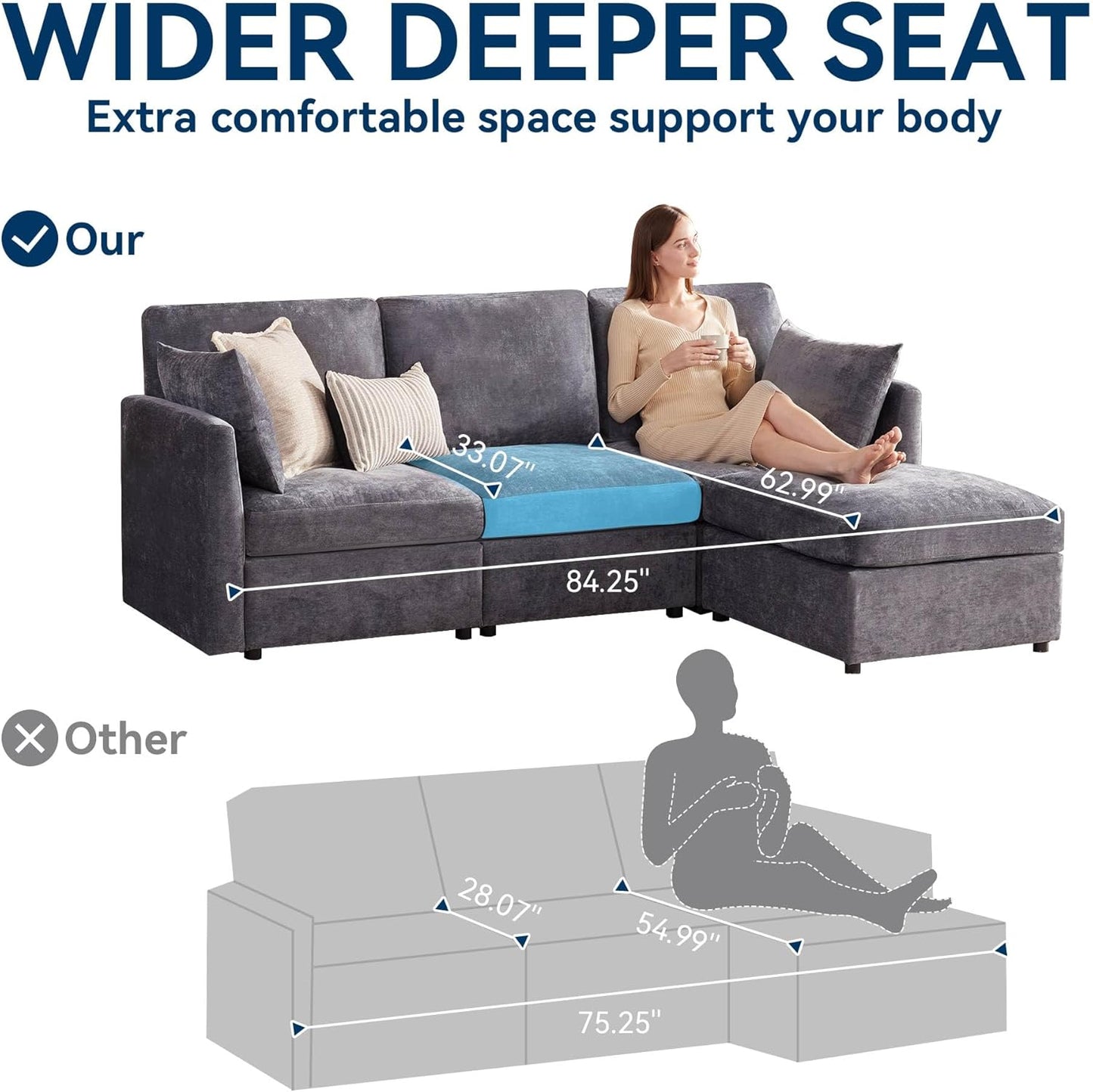 Tbfit Convertible L Shaped Couch, Sectional Sofa for Living Room,Chenille Cloud Couch with Ottoman 4 Seat (Grey)