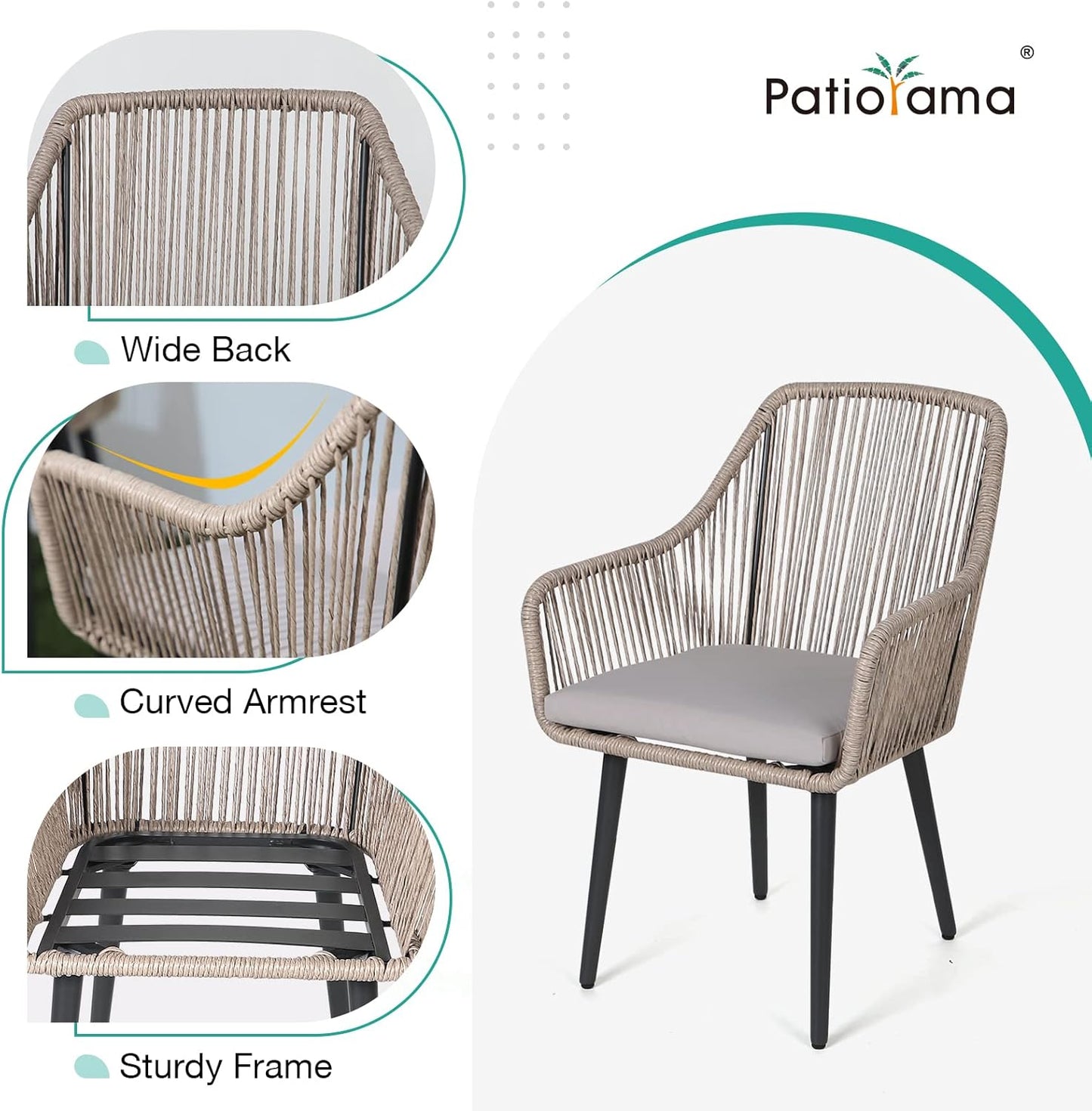Patiorama Outdoor Dining Chairs, Patio Dining Chair Set of 4, All-Weather Woven Rope Rattan Chairs, Outdoor Dining Wicker Chairs with Armrests for Indoor Balcony Pool Backyard(Tan)
