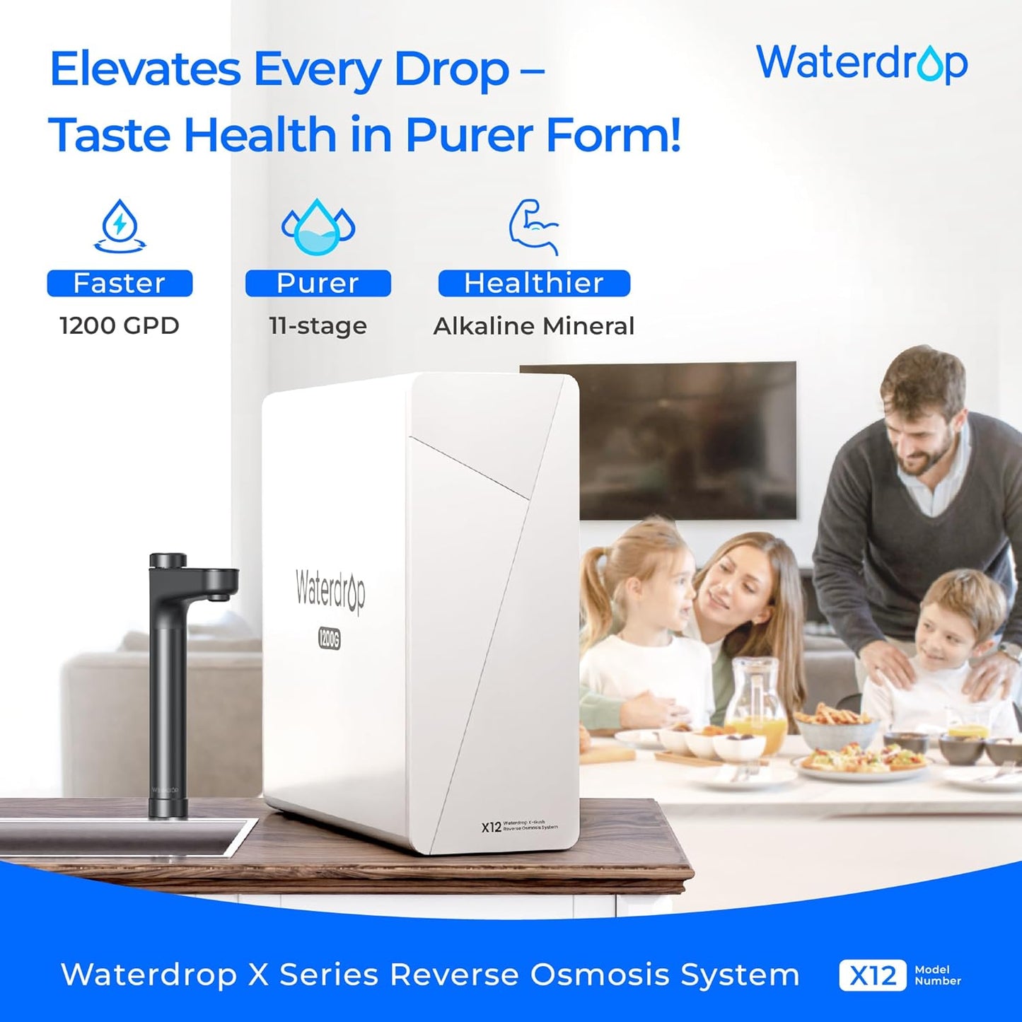 Waterdrop X12-Alkaline Mineral pH+ Tankless Reverse Osmosis System, NSF/ANSI 42&58&372 Certified, 1200 GPD RO Water Filter System, 11-Stage Filtration, 3:1 Pure to Drain, UnderSink, Black Faucet