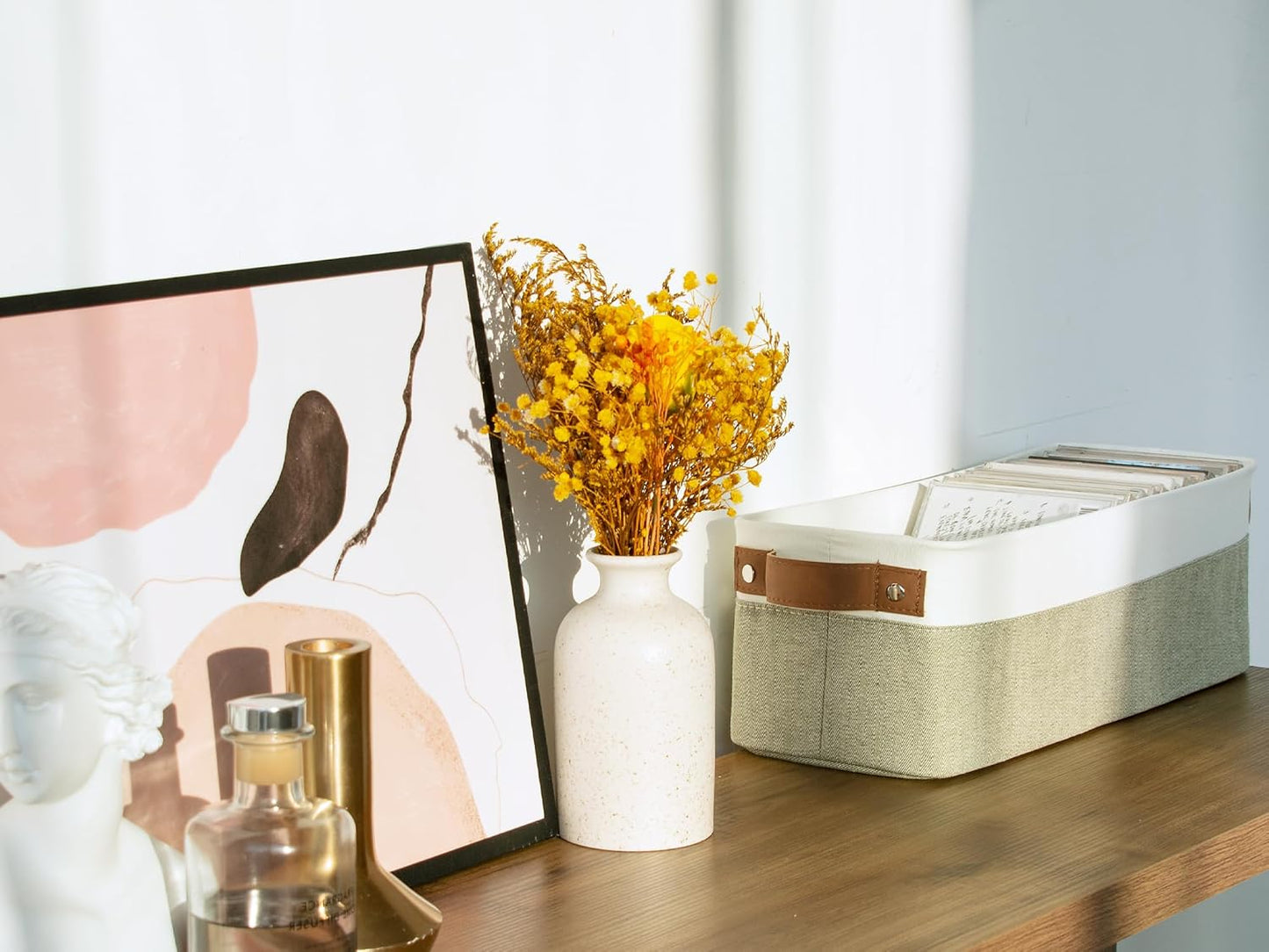 StorageWorks Narrow Storage Bins, Small Basket for Closet and Shelves, Fabric Organizer with Handles, Toilet Paper Storage, Green and White, 2-Pack