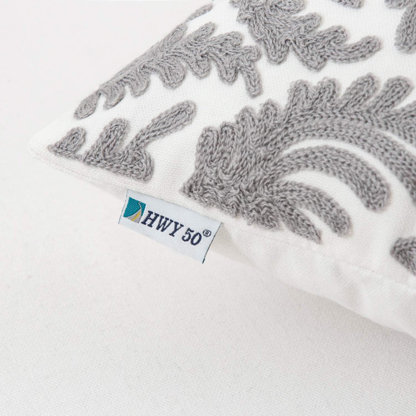 HWY 50 Grey Gray Decorative Throw Pillow Covers 18x18 Inch (1 Piece), Embroidered Cotton Farmhouse Cushion Cover Pillow Case for Sofa Couch Living Room Bed Bedroon, Floral Branches