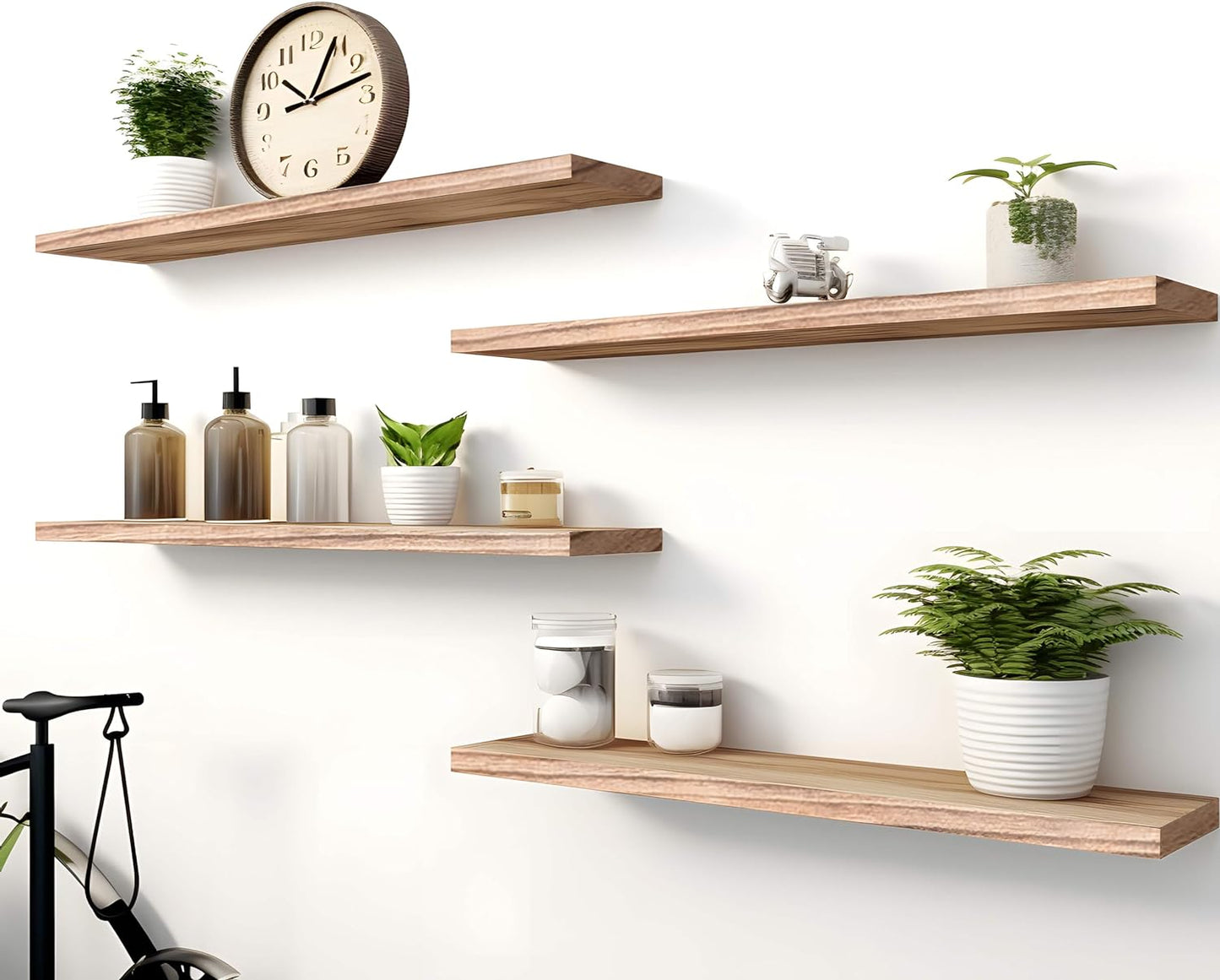 Wood Floating Shelves for Wall Decor, Rustic Wall Shelves for Bedroom Bathroom Kitchen Living Room, Set of 4 Light Walnut 24 Inch