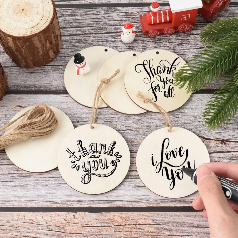 Unfinished Wooden Circles with Holes, 50Pcs 3 Inch Round Wood Tags Ornaments Blank Round Wooden Slices with Jute Twines for Sign Tags Christmas Home Party Hanging Decoration