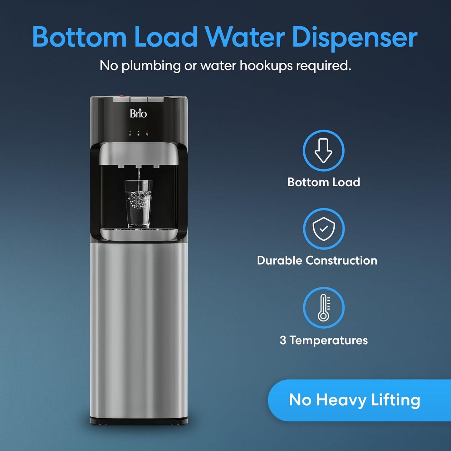 Brio Bottom Loading Water Cooler Dispenser for 5 Gallon Bottles - 3 Temperatures with Hot, Room & Cold Spouts, Child Safety Lock, LED Display with Empty Bottle Alert, Stainless Steel
