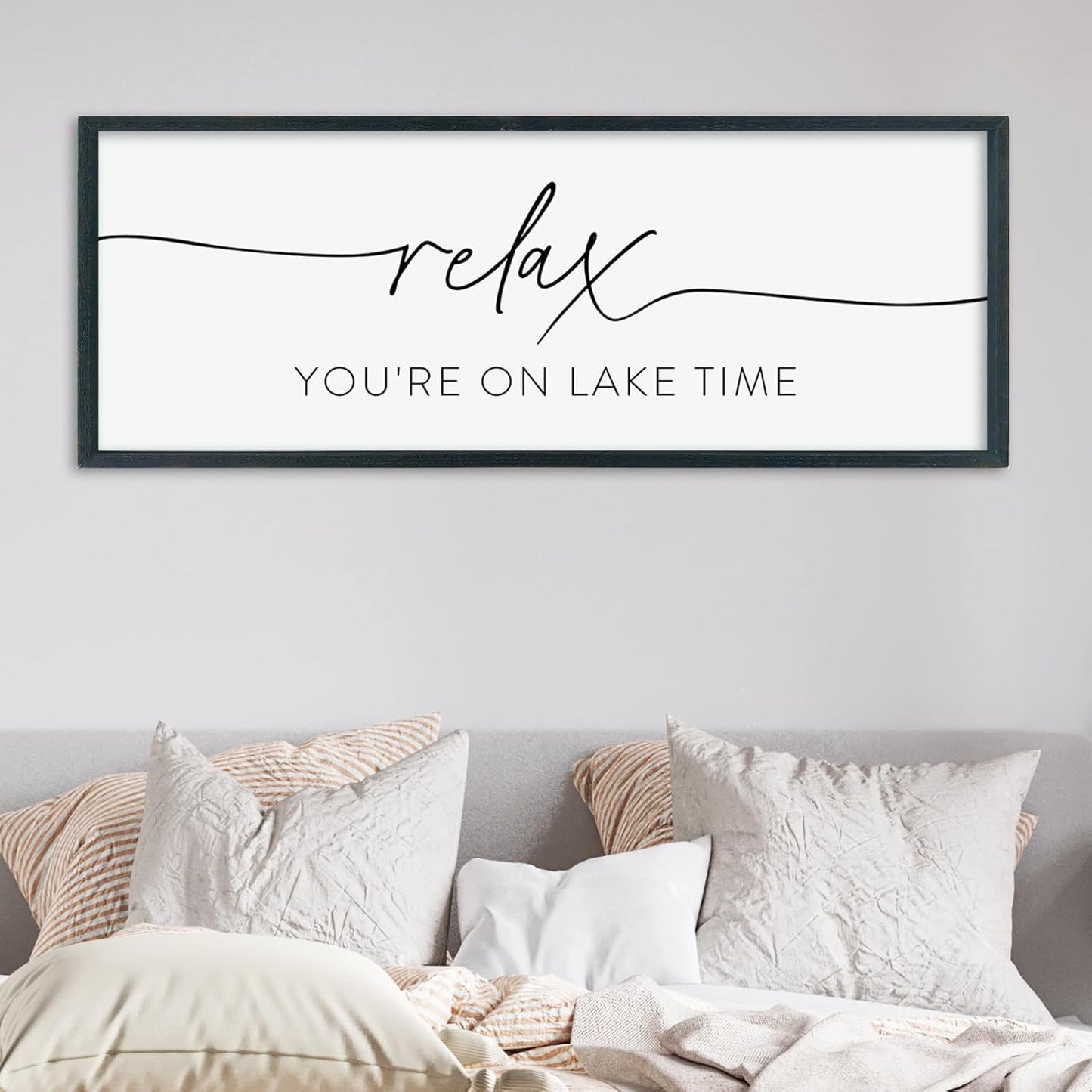 Relax You're On Lake Time Sign Wall Decor 40"×15" Lake House Bedroom Large Wood Framed Hanging Wall Art (Black)