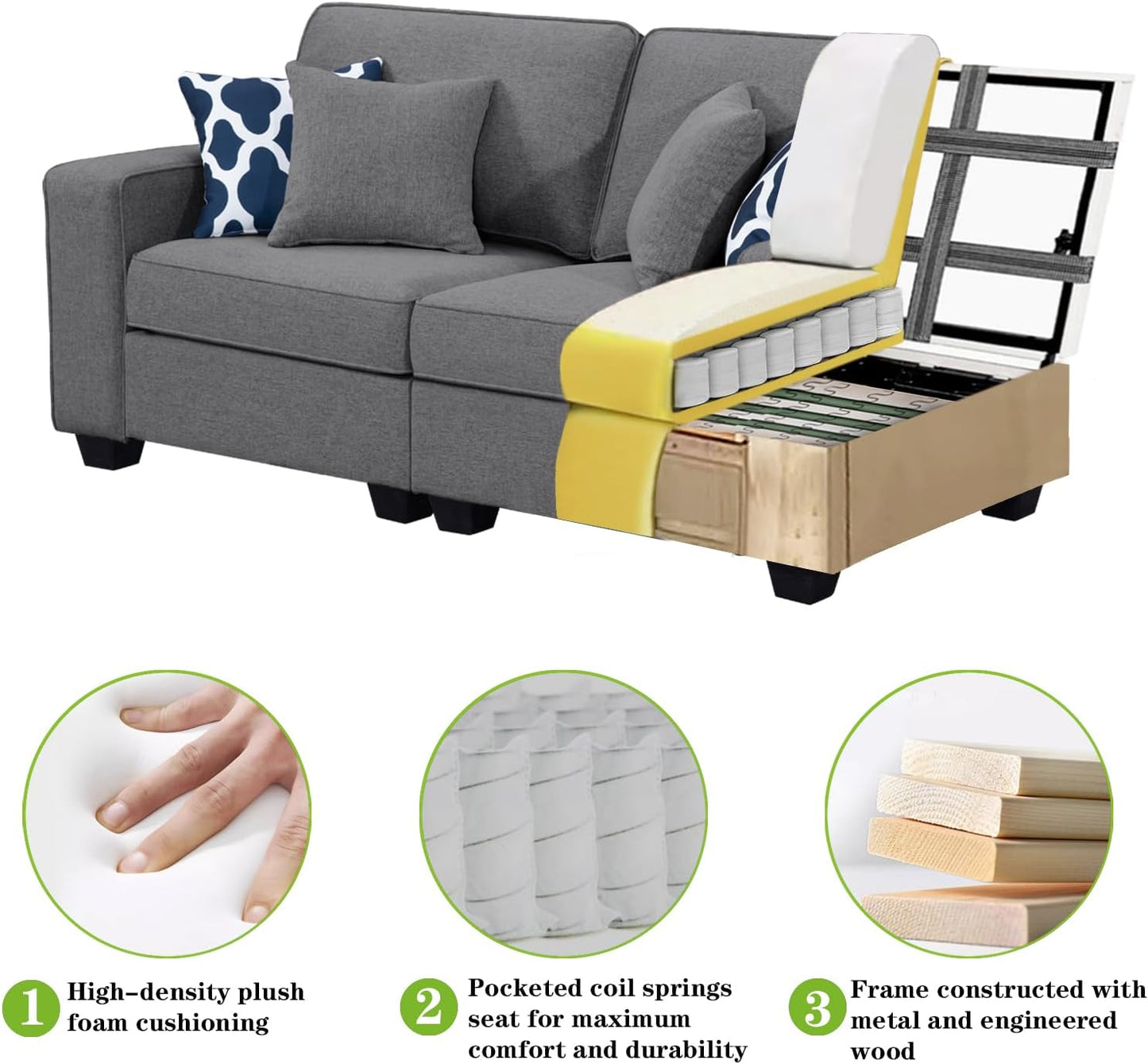 L Lengend Vansen Modular Sectional Sofa U Shaped Couch with Ottoman Modern Reversible Corner Sectional Couch for Living Room (Dark Grey, 2+3 with Ottoman)