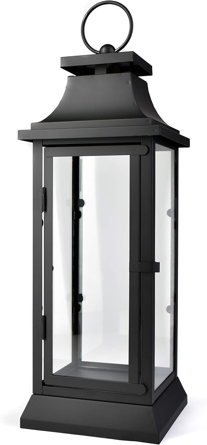 Serene Spaces Living Black Metal Hurricane Lantern with Clear Glass – 15" Tall, 5" Square. Versatile Hanging/Tabletop Candle Holder for Weddings, Parties, Indoor & Outdoor Home décor.