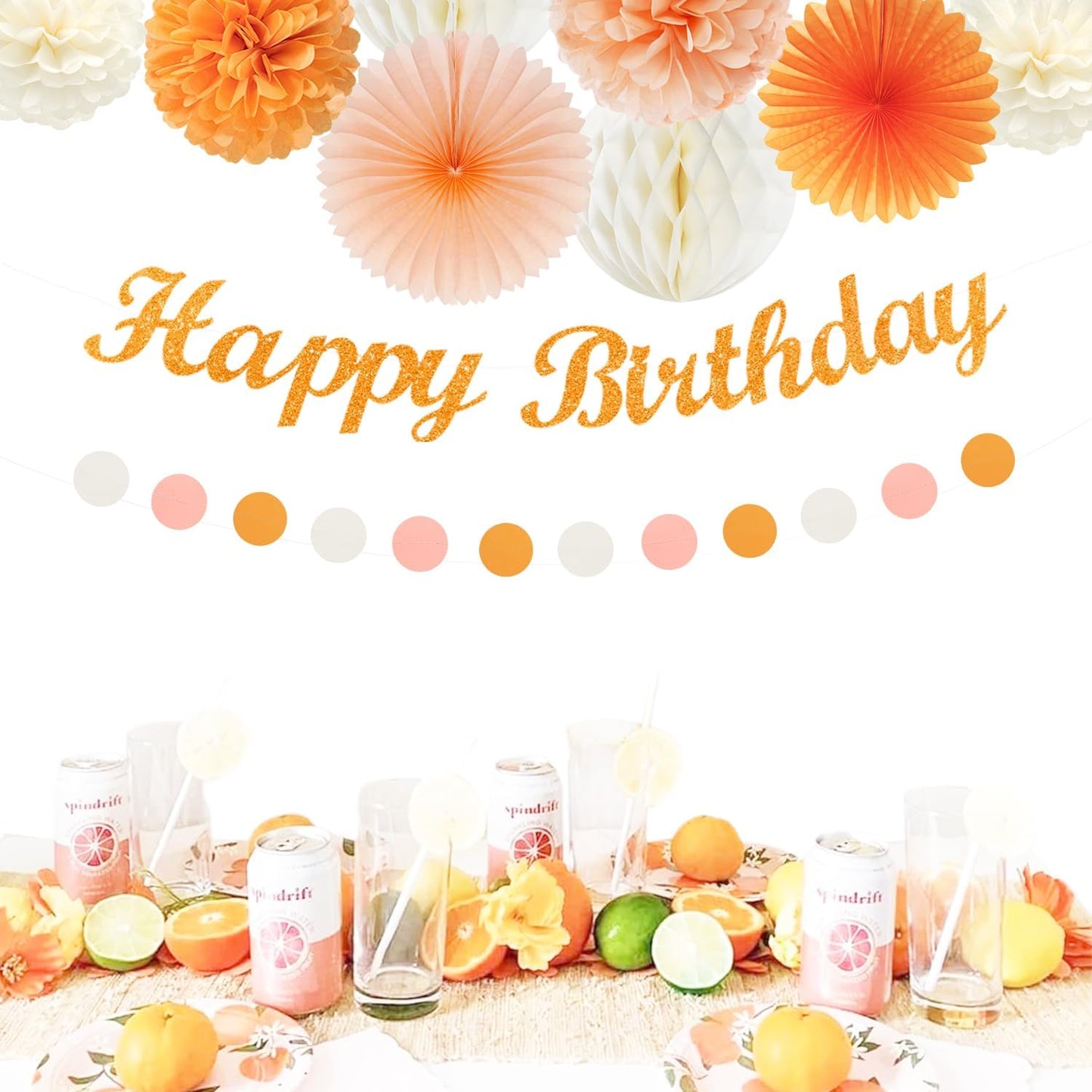 Orange Hippie Birthday Party-Decorations Paper-Flowers - 14pcs Happy Banner Fall Honeycomb Tissue Pom Poms,Boho Streamers Garland Fans,Sweet Peach Groovy Sunset Groovy Hanging Supplies Decor Hugfond