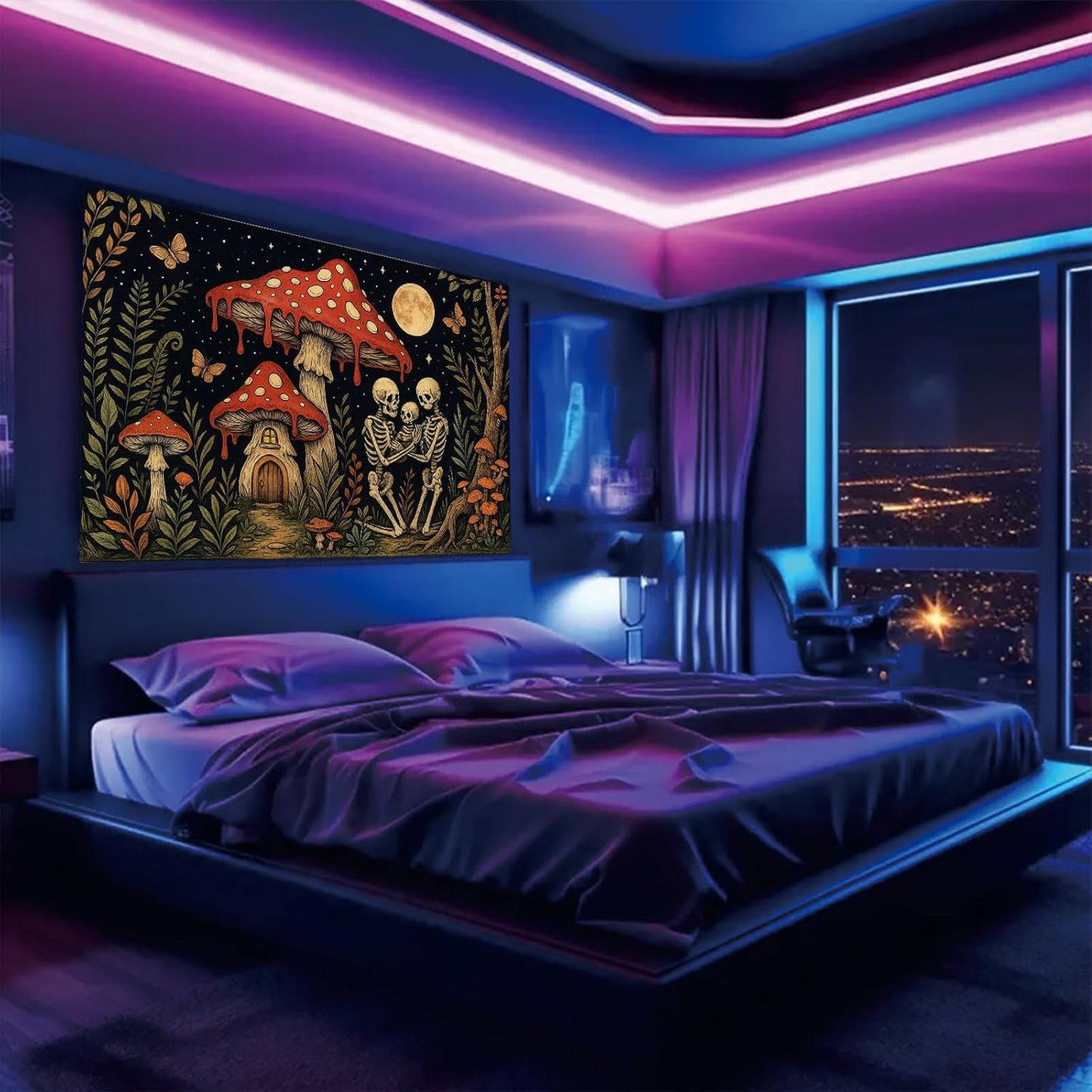 Starlit Patio Skeleton Family Blacklight Tapestry UV Reactive Wall Hanging Mushroom House and Moon for Bedroom Dorm Living Room Glowing Cottagecore Decor Fluorescent Trippy Poster 78 x 59 Inch