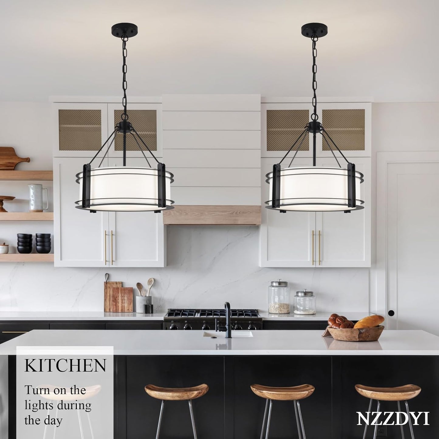 16.3''Black Drum Chandelier 3-Light Modern Farmhouse Chandelier with White Fabric Shade Adjustable Drum Pendant Light Fixture for Dining Room Kitchen Island Hallway Living Bedroom