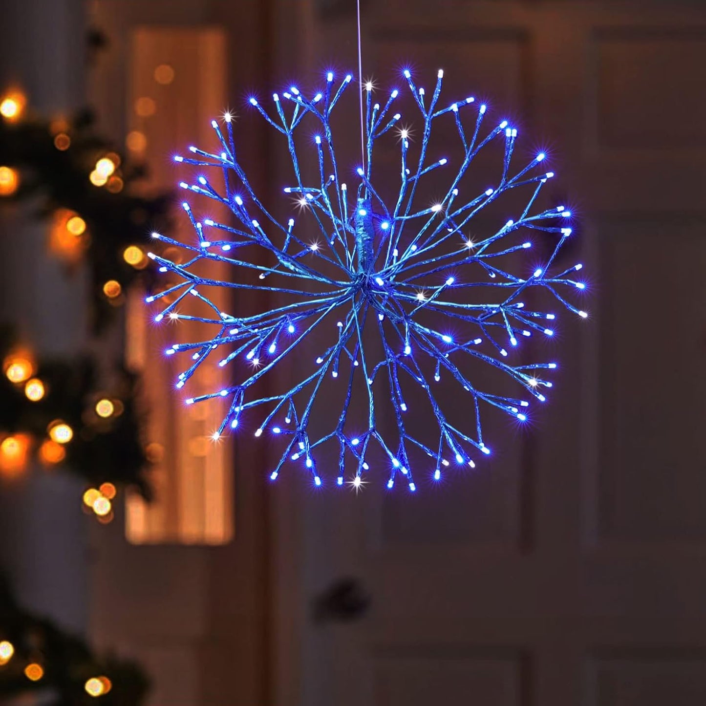 Christmas led Sparkle Ball Hanging Outdoor décorations -Haning Twig Ball,Snowflake Ornament Lights Indoor Outdoor Festive Holiday Décor 24Inch (Blue)