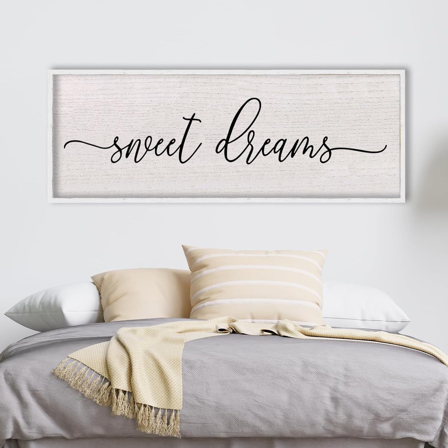 LuZhiQiang Sweet Dreams Wall Decor Sign 40"X15" Master Bedroom Over Bed Wall Wood Framed Art (White)