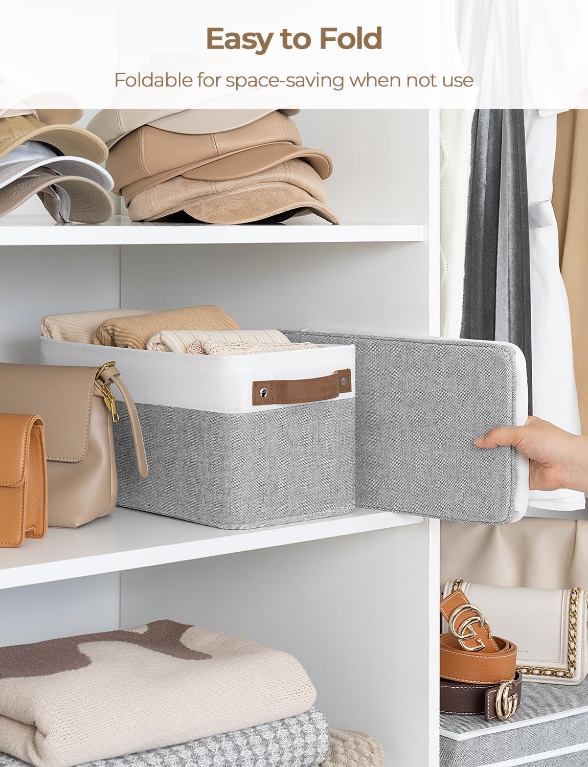 StorageWorks Narrow Storage Bins, Small Basket for Closet and Shelves, Rectangular Fabric Organizer with Handles, Toilet Paper Storage, Gray and White Stripes, 2-Pack