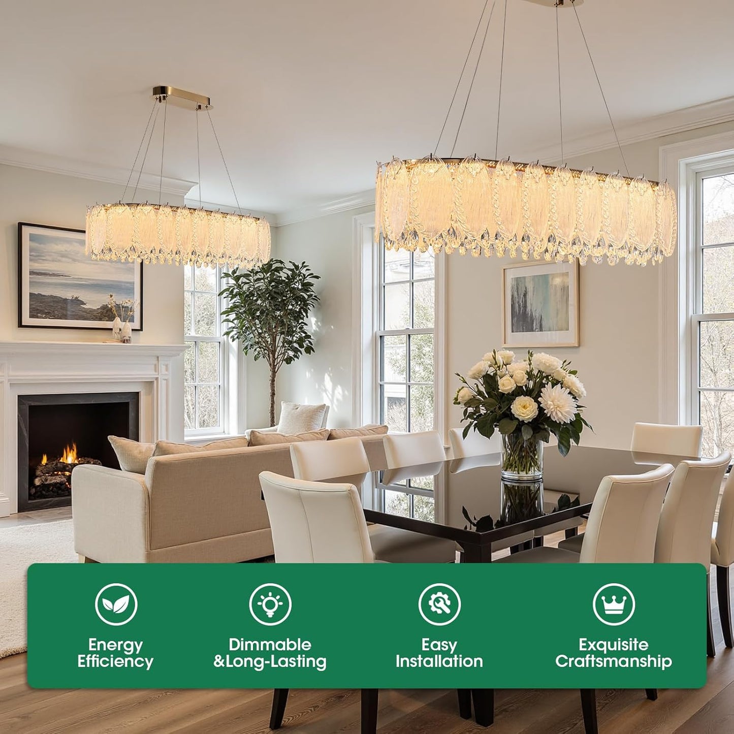 Gold Rectangle Modern Chandeliers for Dining Room Light Fixture, Water Ripple Crystal Glass LED Chandelier for Kitchen Island Bar Living Room, 2700K-6000K