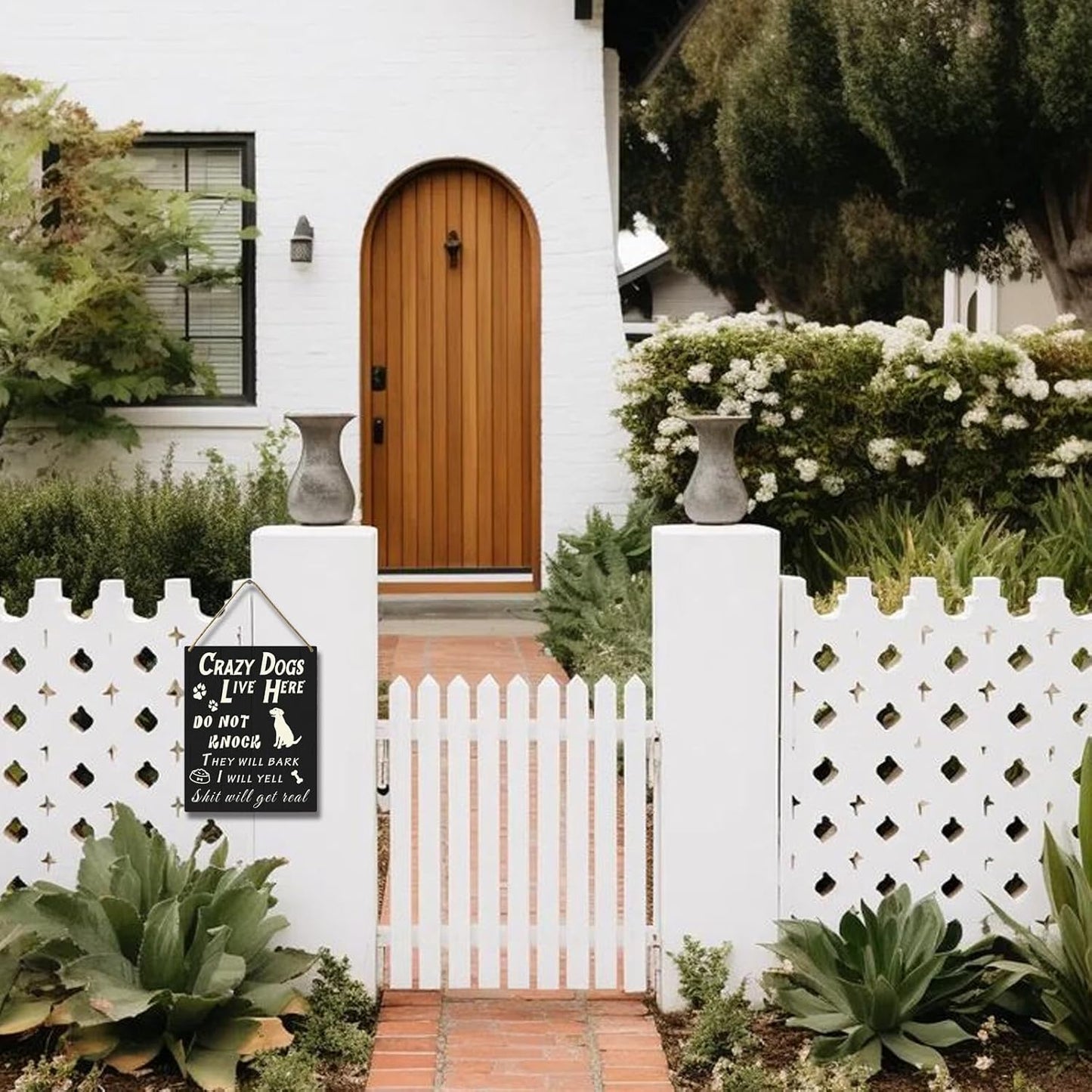 Do Not Knock or Ring Doorbell Sign for Front Door, Funny Dog Owner Warning Crazy Dogs Live Here Do Not Knock They Will Bark I Will Yell Wooden Signs, No Disturb Door Decor for Pet Lovers 10x8 Inch