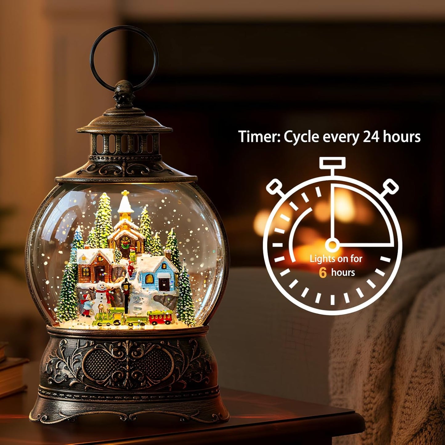 Christmas Snow Globes Christmas Water Lantern with Snowy Train Snowman, Music & 6H Timer, USB Lined/Battery Operated Lighted Lanterns for Xmas Festival Decoration Gifts