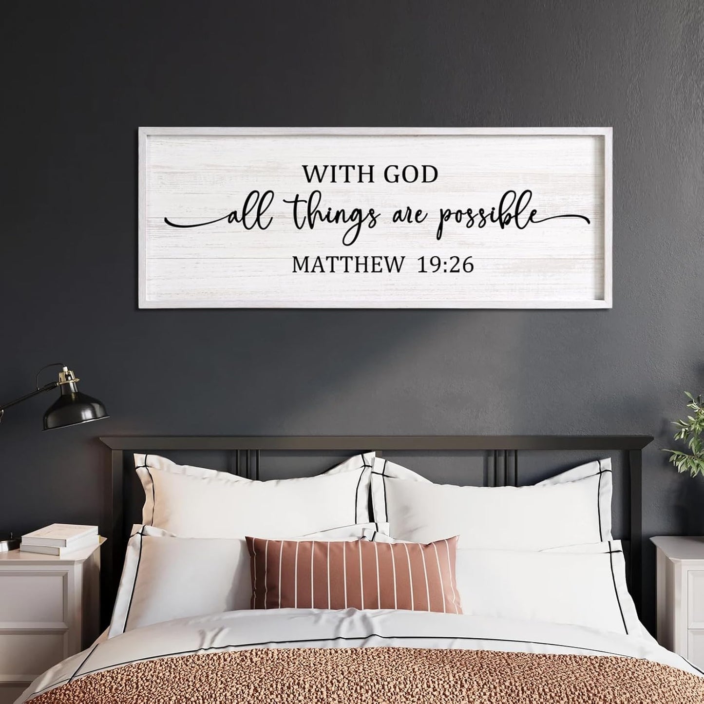 With God All Things are Possible Framed Wall Art, 40''×15'' Vintage Holy Religious Rustic Bible Verse for Christian God Jesus Christ Prayer, Positive Horizontal Inspirational Catholic Scripture Decor