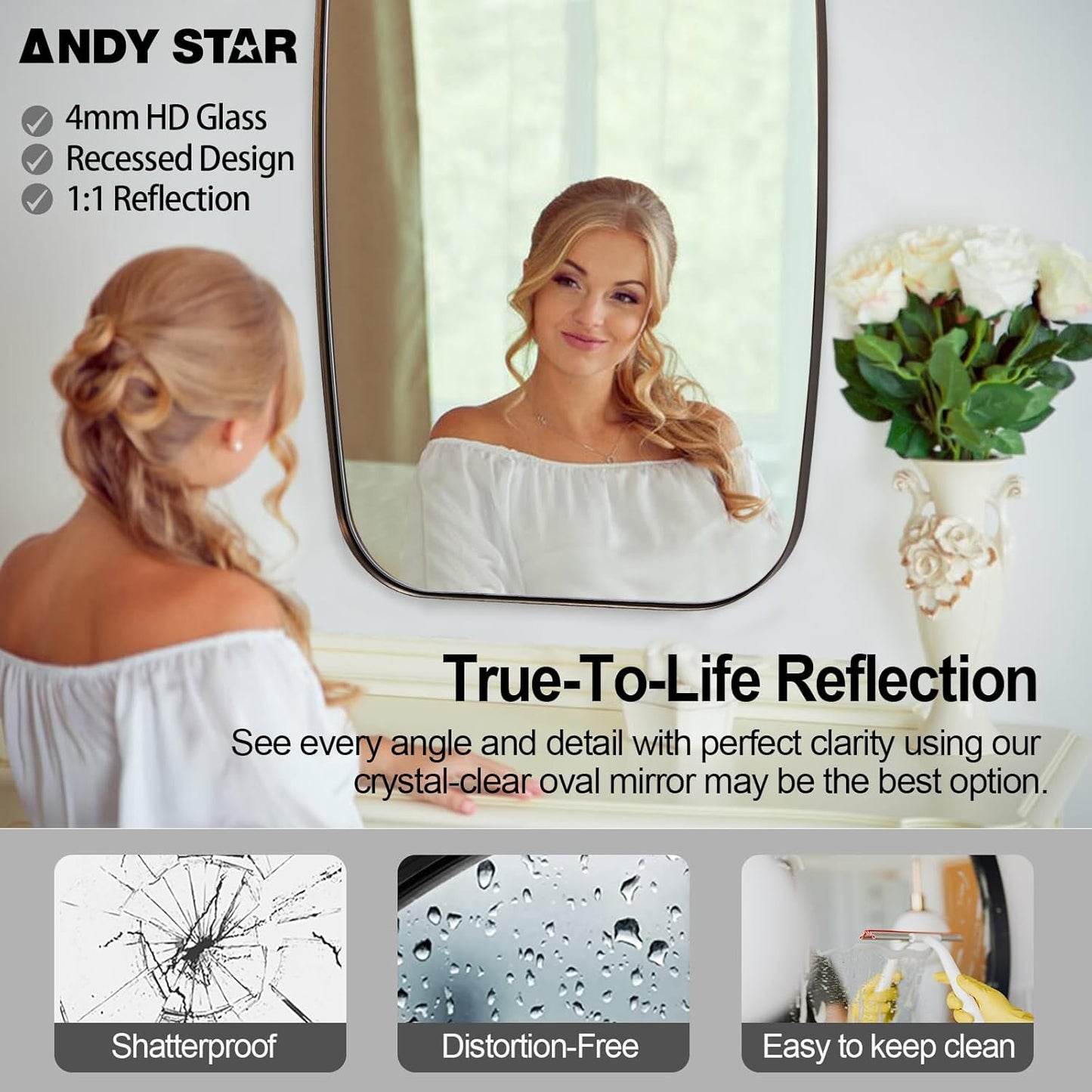 ANDY STAR Bronze Oblong Mirror, 36x40 Inch Brushed Bronze Oval Mirror for Bathroom with Stainless Steel Metal Frame, Wall Mouned for Bathroom, Living Room, Entryway