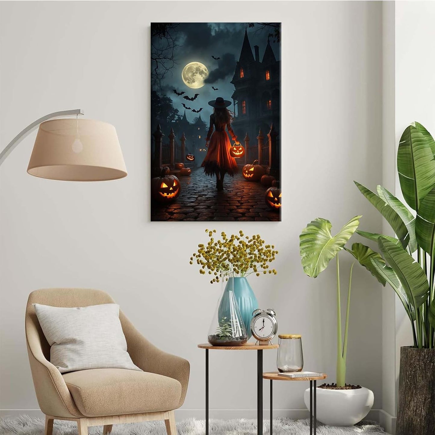Halloween theme poster moonlit autumn night witch vintage poster art print dark college style gothic painting canvas wall decoration bedroom living room ideal gift16x24in Wood Framed