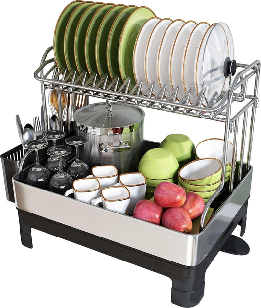 BOOSINY Extra Large Stainless Steel Dish Drying Rack, 2 Tier Dish Racks for Kitchen Counter, Dish Drainer with Drainboard Set, Full Size Dish Dryer Rack with Utensil Holder, Black
