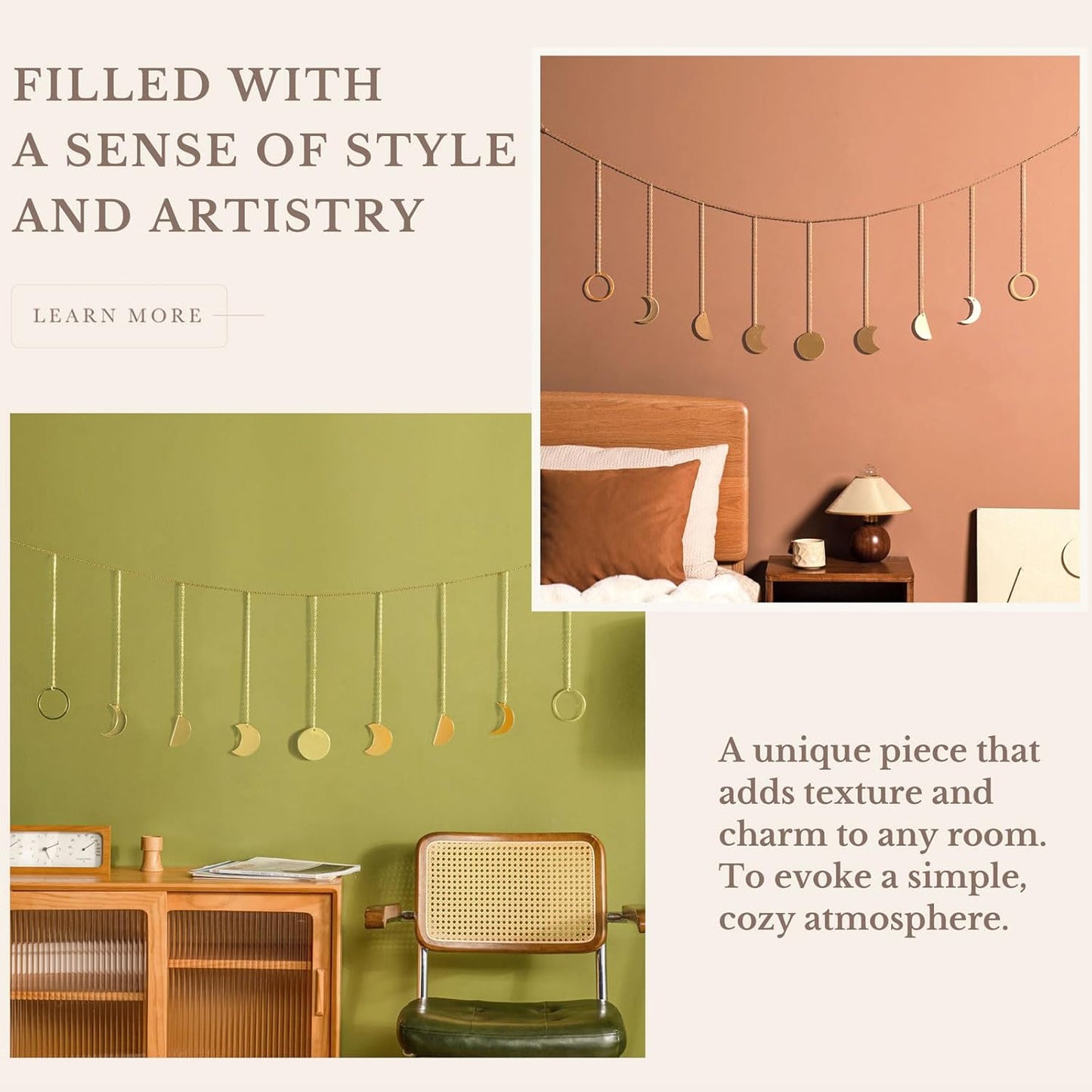 Mkono Moon Phase Wall Hanging Boho Aesthetic Room Decor Metal Moons Garland Hanging Art Bohemian Home Decoration for Girls Room Nursery Bedroom Livingroom Dorm, Ideal, Gold, 50"