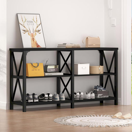 LVB Black Console Table, Modern Entryway Table with 3 Tier Storage Shelves, Industrial Sofa Table Behind Couch for Living Room, Farmhouse Wood Metal Entry Table for Hallway Foyer, Black Oak, 55 Inch