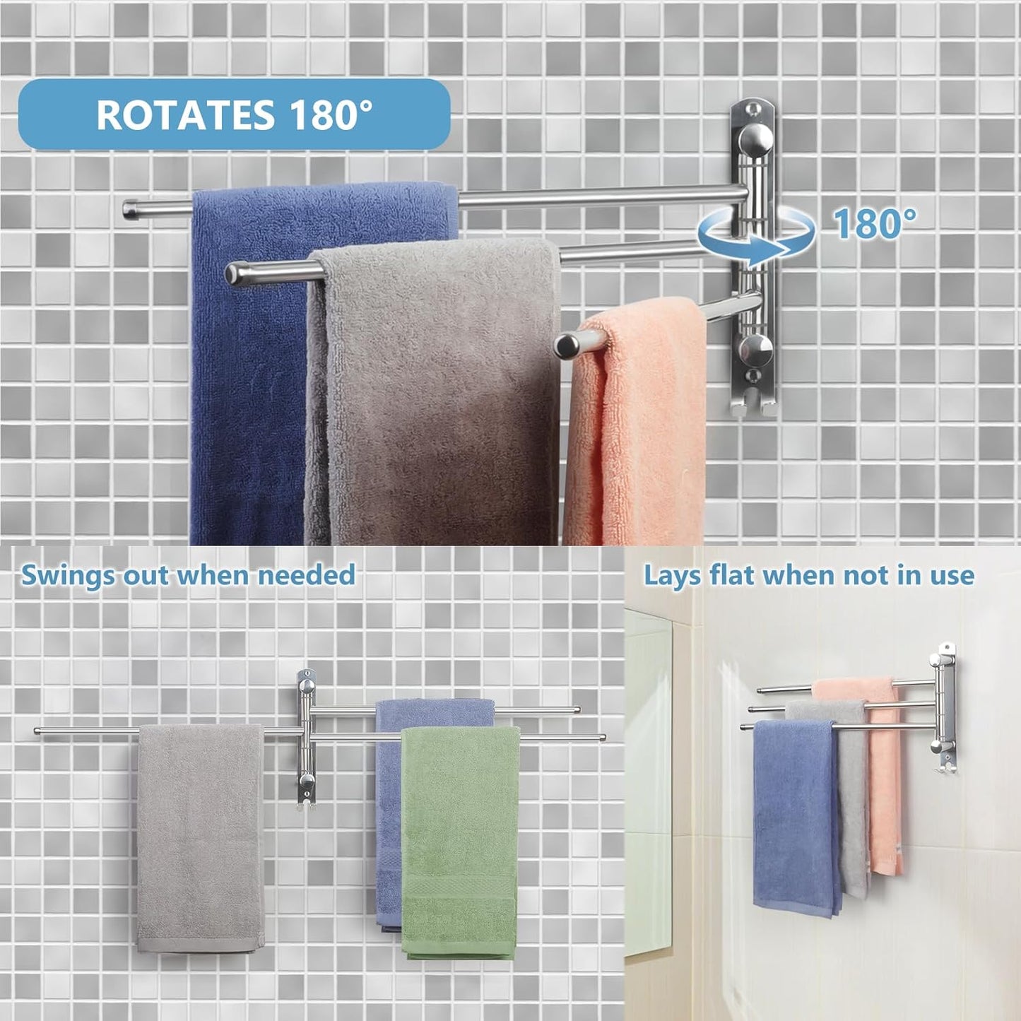 Bathroom Towel Rack JSVER 3 Arms Extended Towel Holder, Swivel Towel Bar, SUS304 Stainless Steel Space Saving Towel Racks for Bathroom, Kitchen