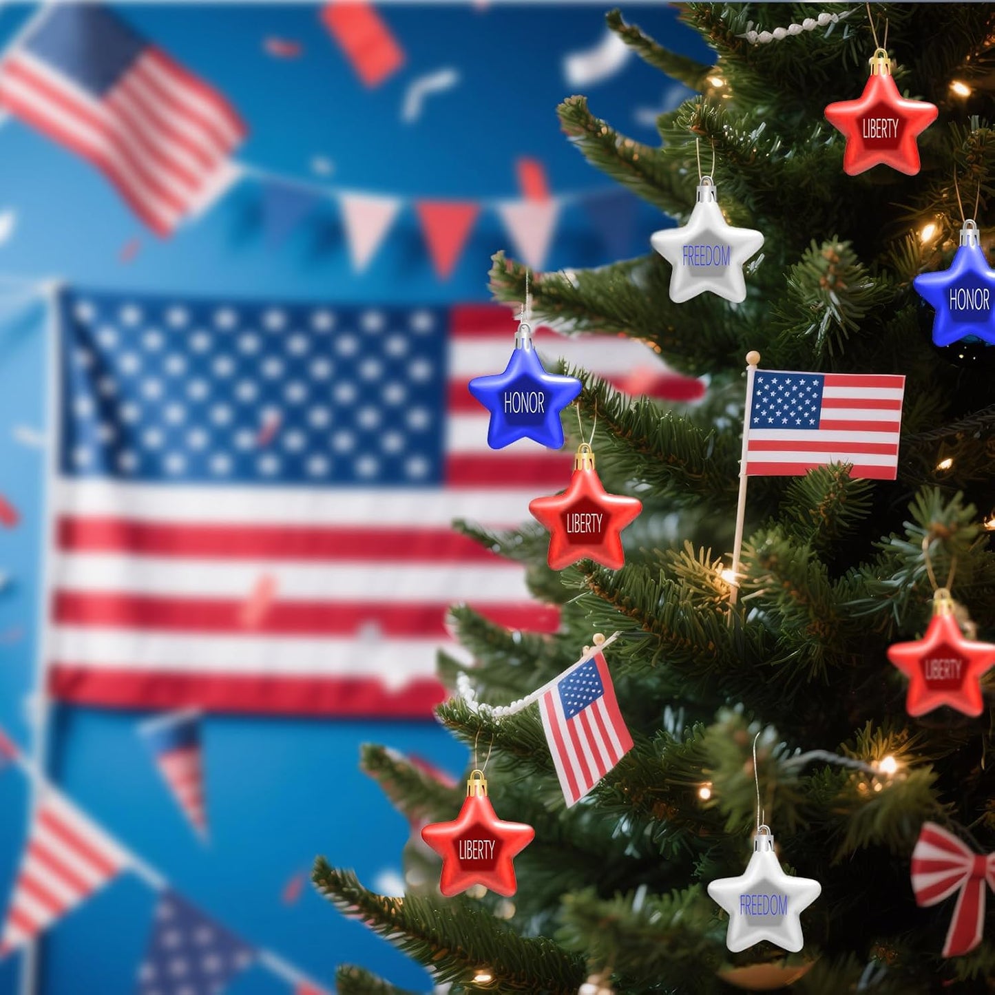 JULMELON 24Pcs 4th of July Patriotic Hanging Star Ornaments for Tree, Independence Day Memorial Day Labor Day Hanging Small Star Decorations for Home Party Christmas Tree Decor, Blue Red and Silver