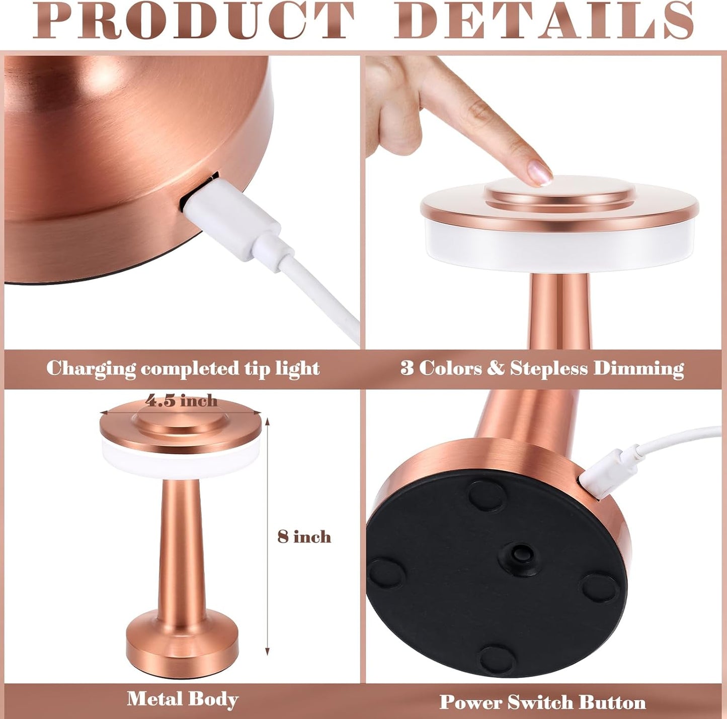 VIHOSE Set of 8 LED Portable Cordless Table Lamp with Touch Sensor 3 Color Stepless Dimming Rechargeable Battery up to 15 Hours Cordless Table Light Wireless Lamp for Nursery(Rose Gold)