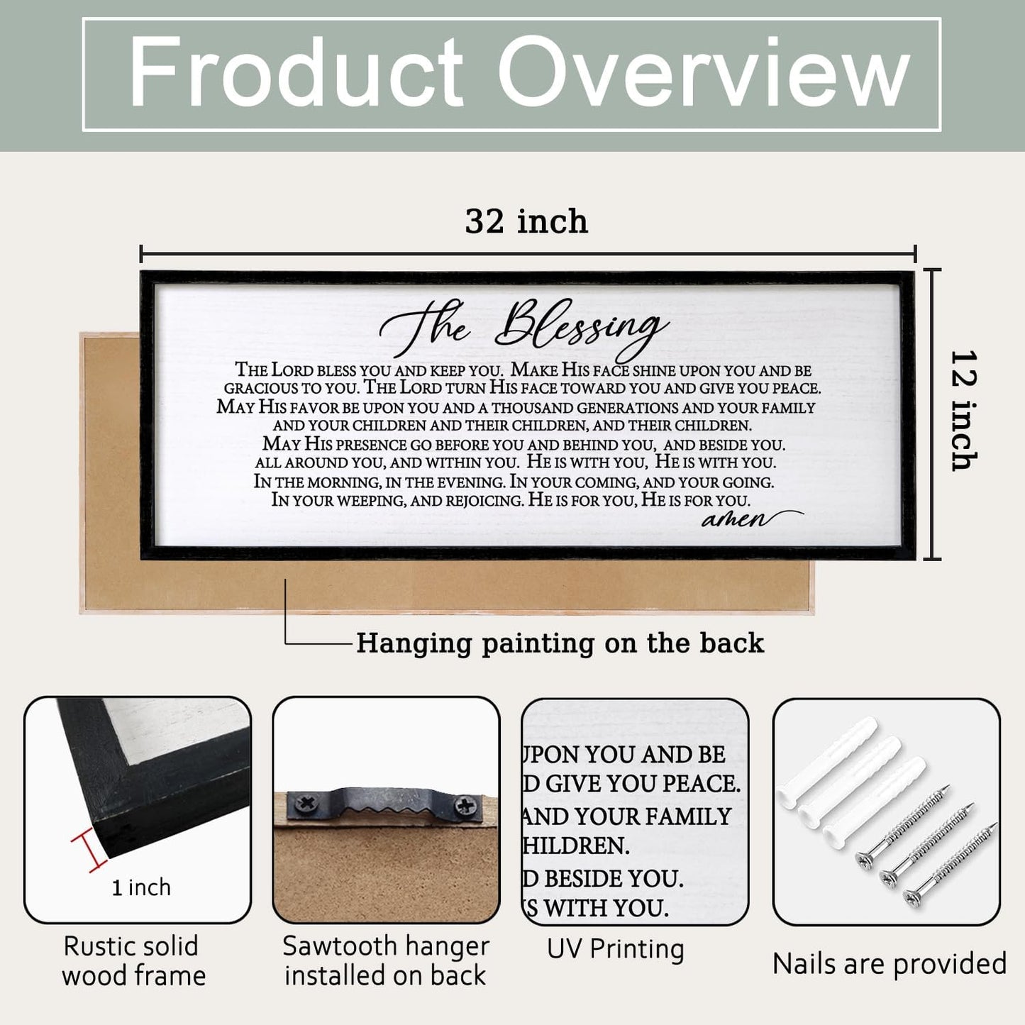 The Blessing Christian Song Lyrics Wall Decor 32"×12" Bible Verse May The Lord Bless You Scripture Wall Art Sign (Black)