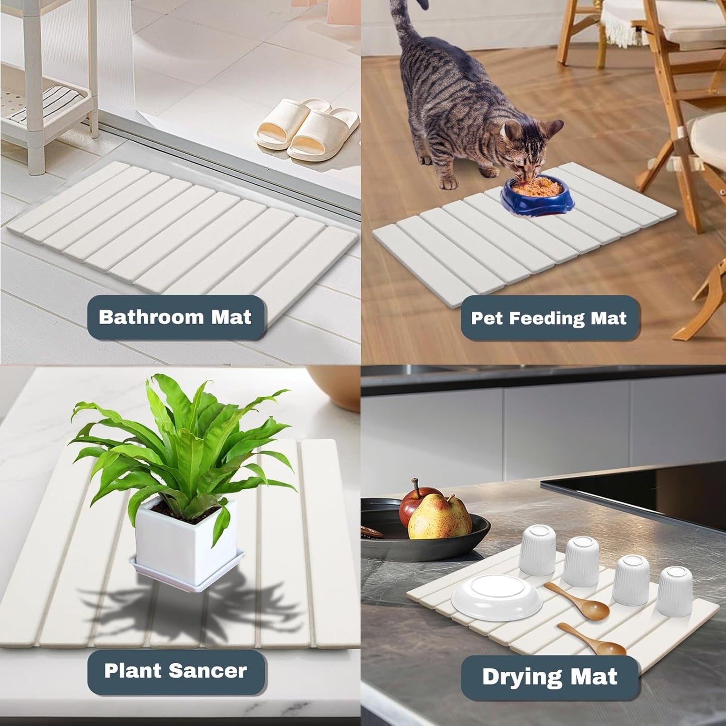 Large Stone Dish Drying Mats for Kitchen Counter, Quick Dry Absorbent Collapsible Dish Drying Mat,Diatomaceous Earth Mats for Dishes Bottles Cups,Match Any Countertop,White 16 * 12inch