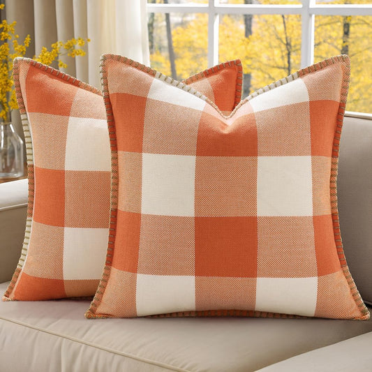 decorUhome Fall Orange and White Decorative Throw Pillow Covers 20x20 Set of 2, Buffalo Plaid Check Farmhouse Cushion Covers with Stitched Edge for Autumn Harvest Couch Sofa Bed Home Decor