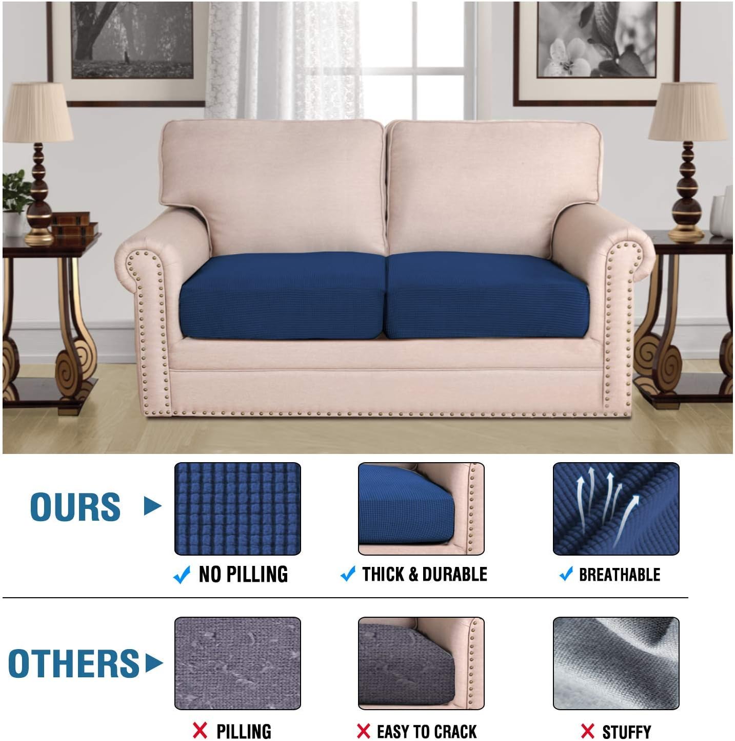 H.VERSAILTEX Super Stretch Individual Seat Sofa Covers Slipcover Sets Thick Jacquard Textured Twill Fabric (2 Piece Medium Sofa Cushion Covers, Navy)