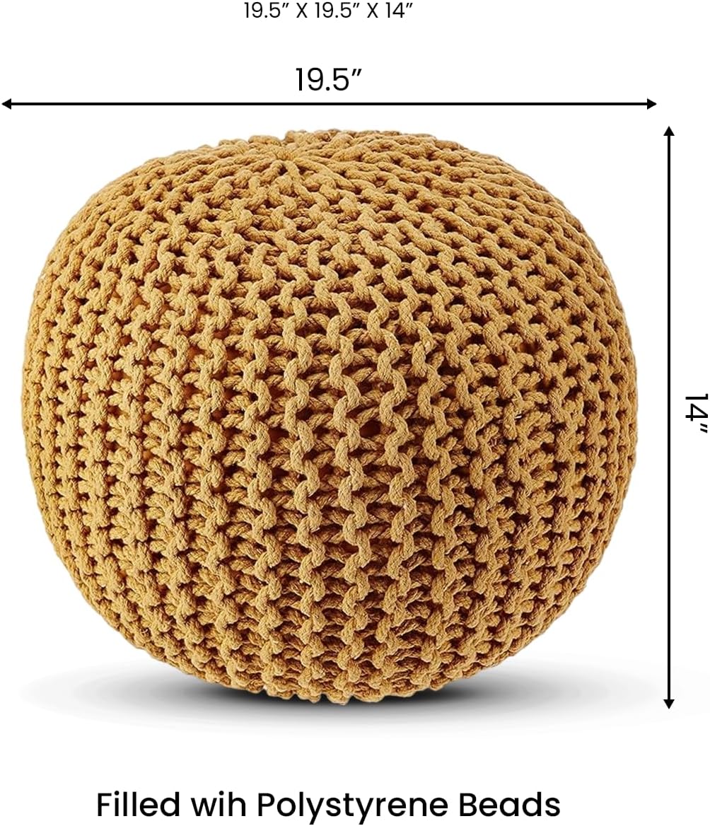 REDEARTH · Round Pouf Ottoman - Hand Knitted Cable Boho Poof Home Décor Pouffe Circular Footrest for Living Room - Bedroom - Lounge - Nursery - 100% Cotton Poufs (19.5"x19.5"x14") - Mustard