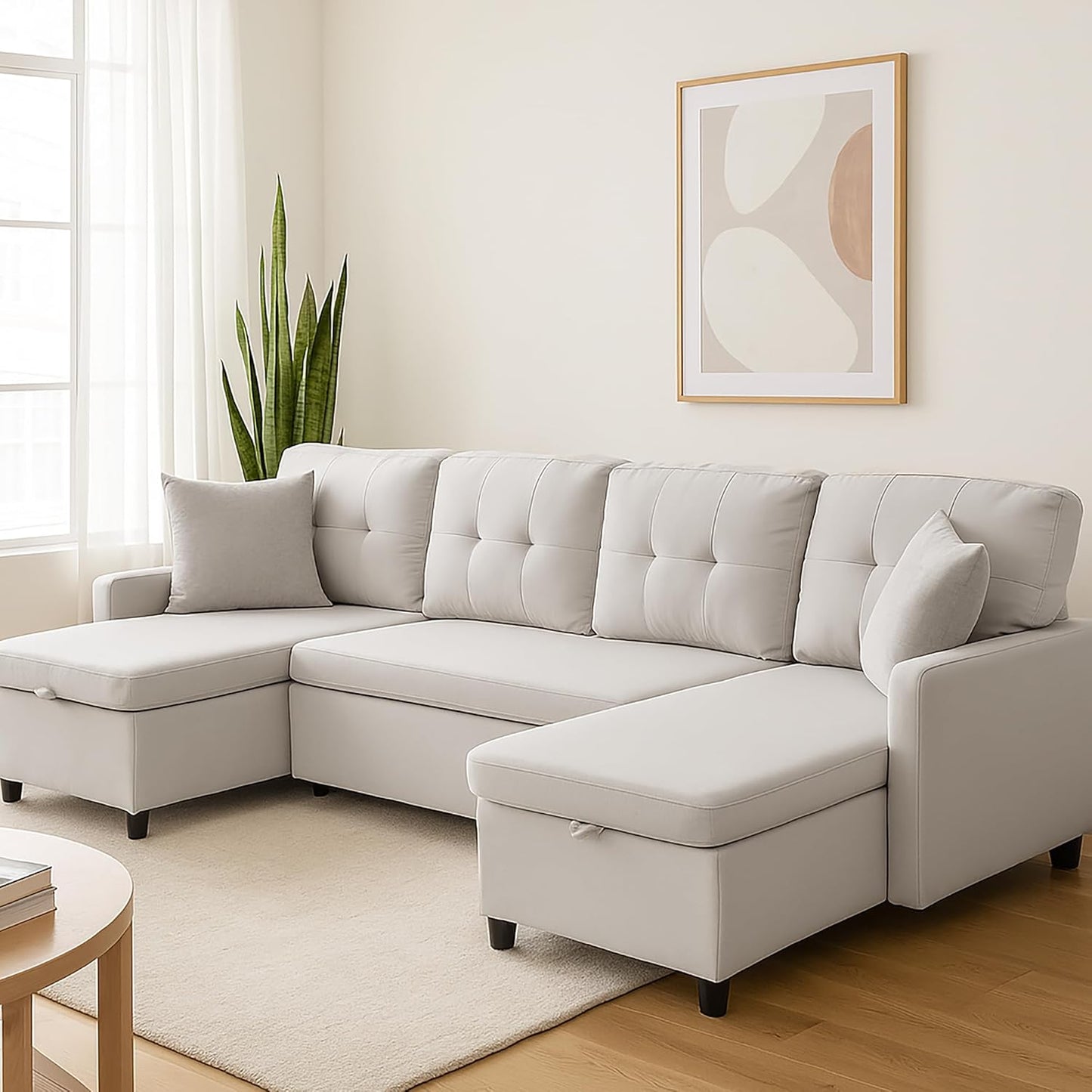 Pull Out Couch, Oversized Sleeper Sofa Couch, Sectional Sleeper Sofa Bed for Living Room Bedroom Lounge (Beige, 110 Inch)