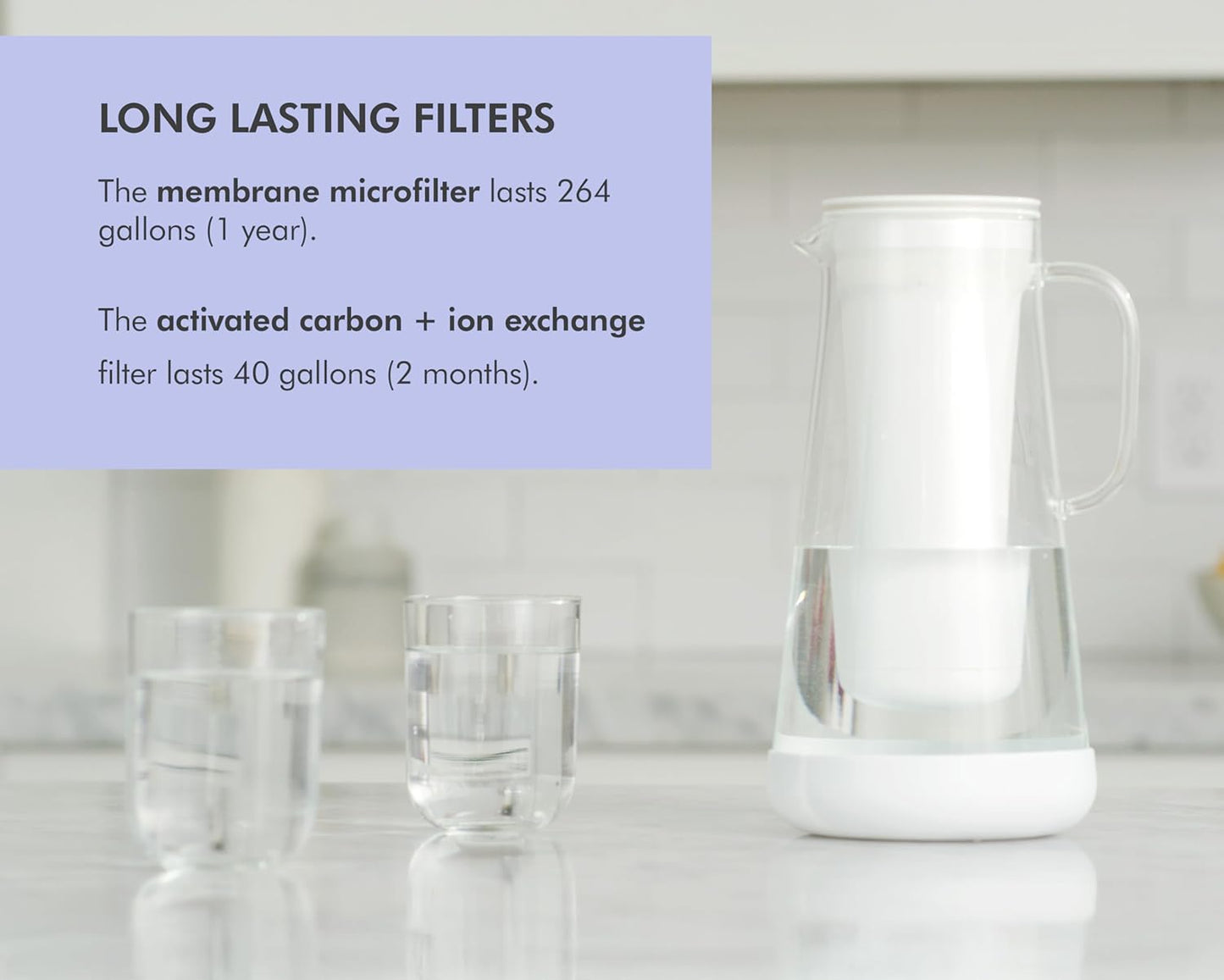 LifeStraw Home Water Pitcher, 7-Cup, White, Glass with Silicone Base, White, for Everyday Protection Against Bacteria, Parasites, Microplastics, Lead, Mercury, PFAS and a Variety of Chemicals