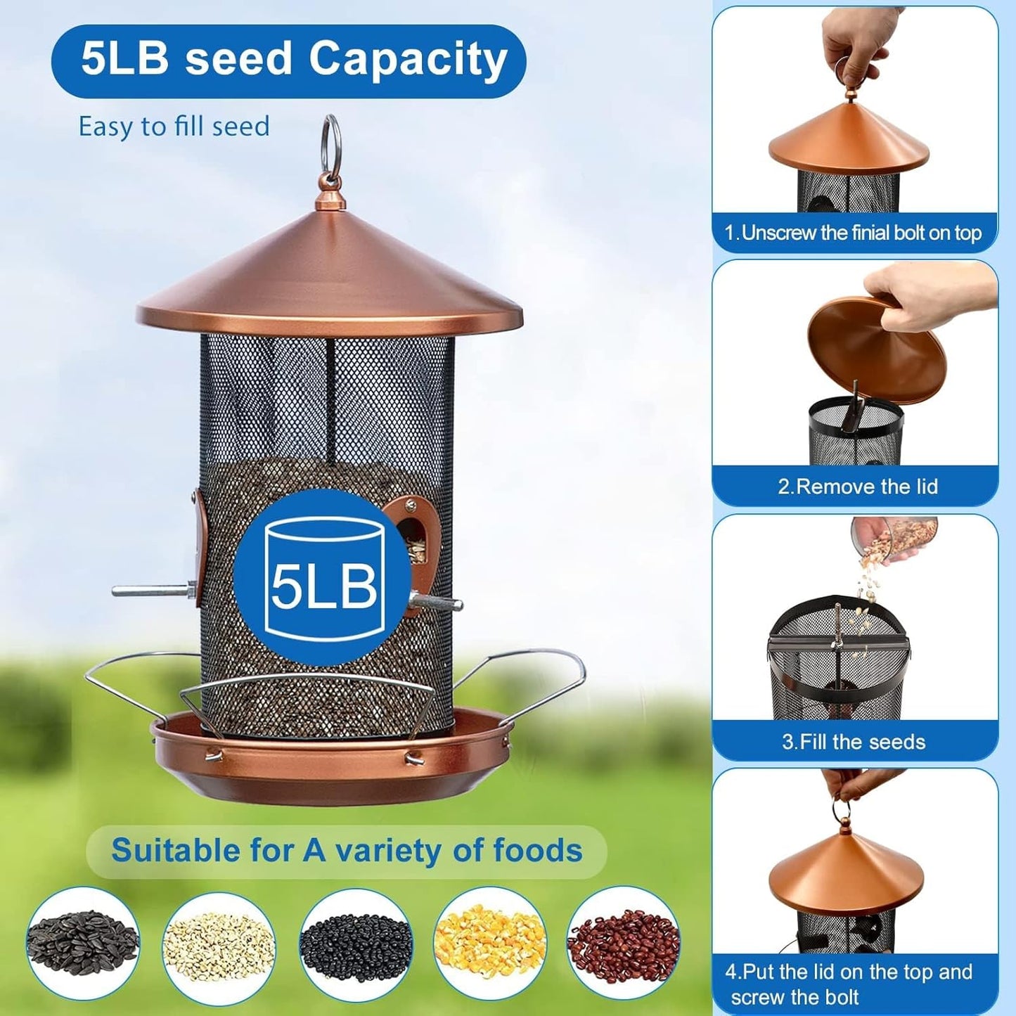 Large Bird Feeders for Outside: 12.6inch Metal for Outdoors Hanging with Copper for Garden Yard Outside Decor Cardinal Finch - Gardening Gifts for Women Men