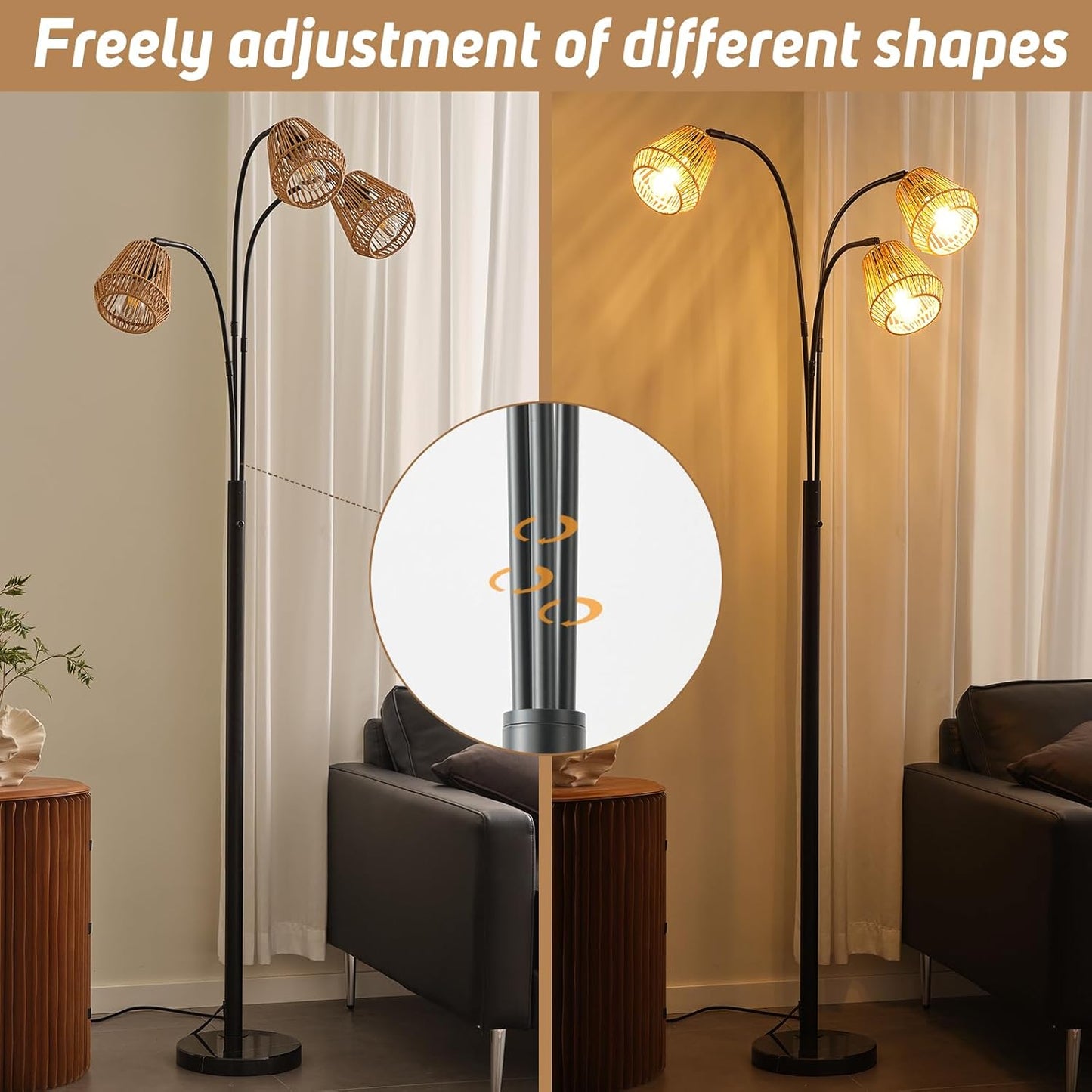 Rattan Floor Lamp for Living Room, 72 Inch Tall Boho Floor Lamp with Rotary Switch, 3 Light Arc lamp with Wicker Shade for Coastal,Bohemian,Rustic,Beach Tree,Farmhouse Standing Lamp