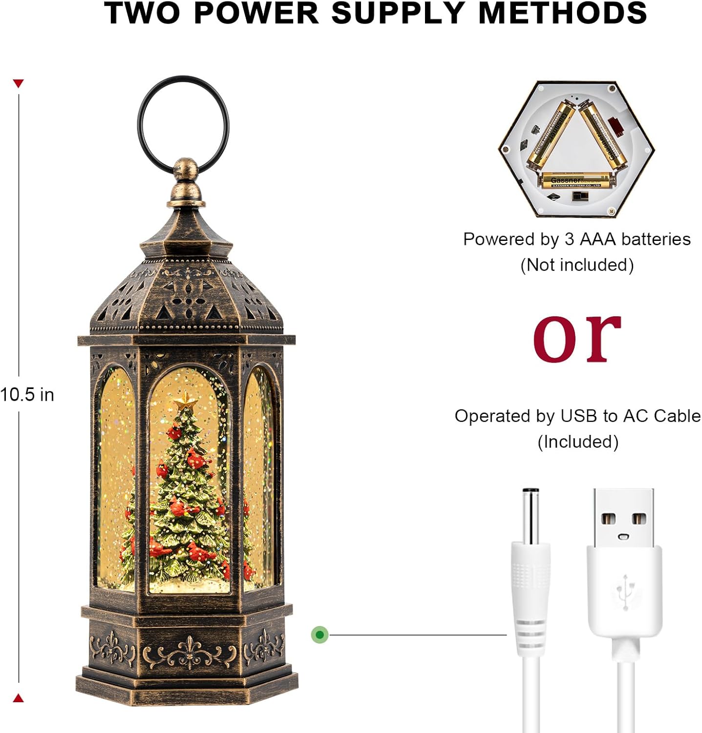 Christmas Snow Globe Lantern Water Glittering Christmas Tree with Cardinal, USB Lined/Battery Operated Lighted Lantern for Christmas Festival Decoration Gifts