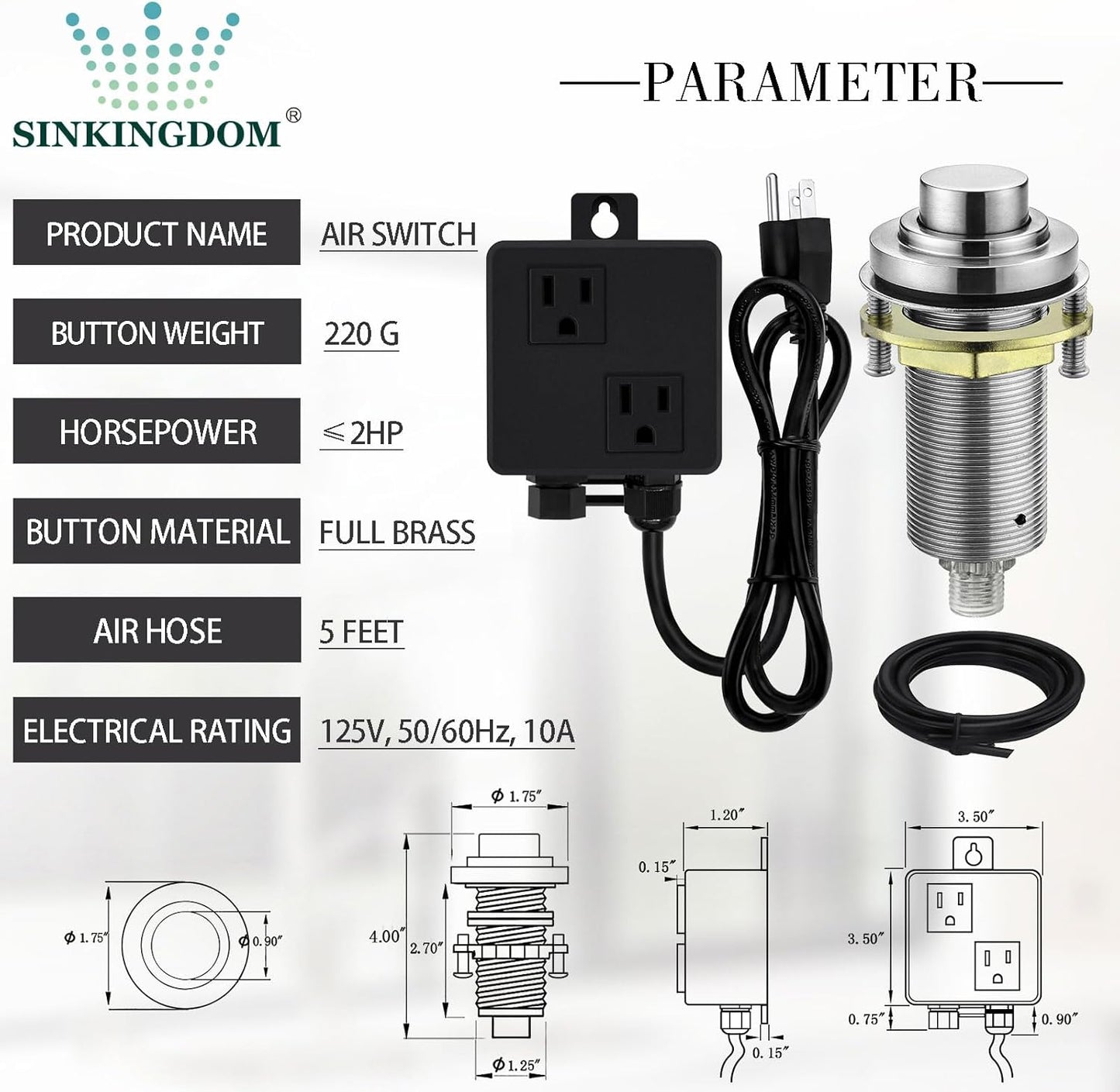 SinkTop Air Switch Kit (Long Full Brass Button) for Disposal, Dual Outlet, (Brushed Nickel)