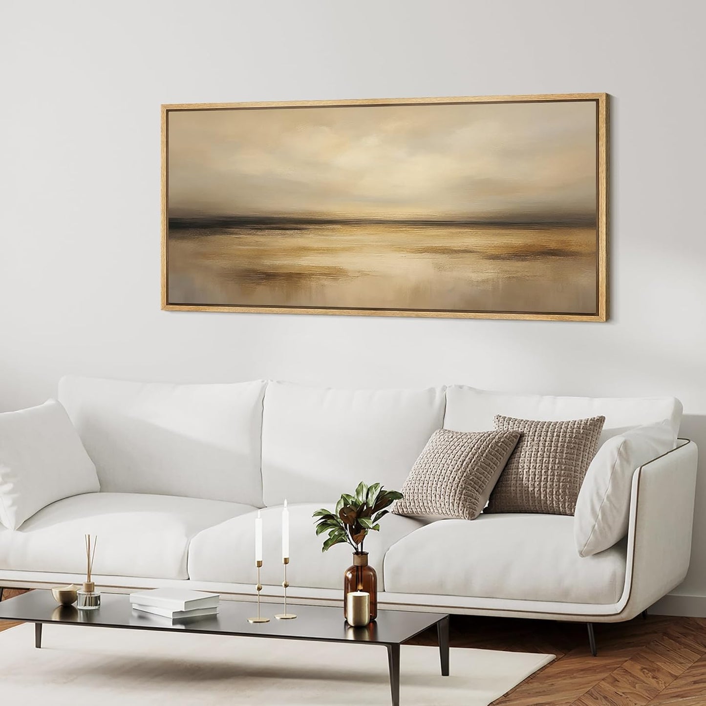 MUDECOR Extra Larg Framed Canvas Print Wall Art Golden Sunset Horizon Abstract Modern Neutral Illustrations Decorative Colorful for Bedroom - 60"x30"