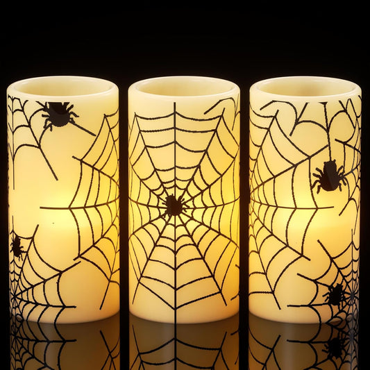 Wondise Halloween Flickering Flameless Candles with Spider Decals, Battery Operated Candles with 6hrs Timer, Real Wax Halloween LED Candles for Horror Spooky Halloween Home Decoration(Set of 3, 3"x6")