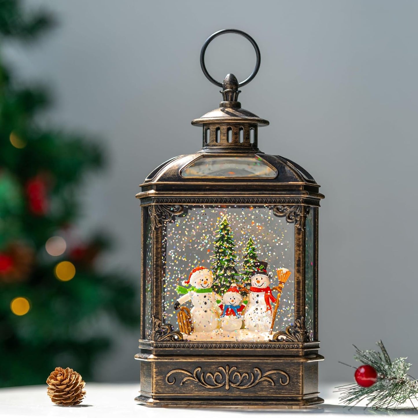 Christmas Snow Globe Lantern Water Glittering Snowman Family with Music & Timer, USB Lined/Battery Operated Lighted Lantern for Christmas Festival Decoration Gifts